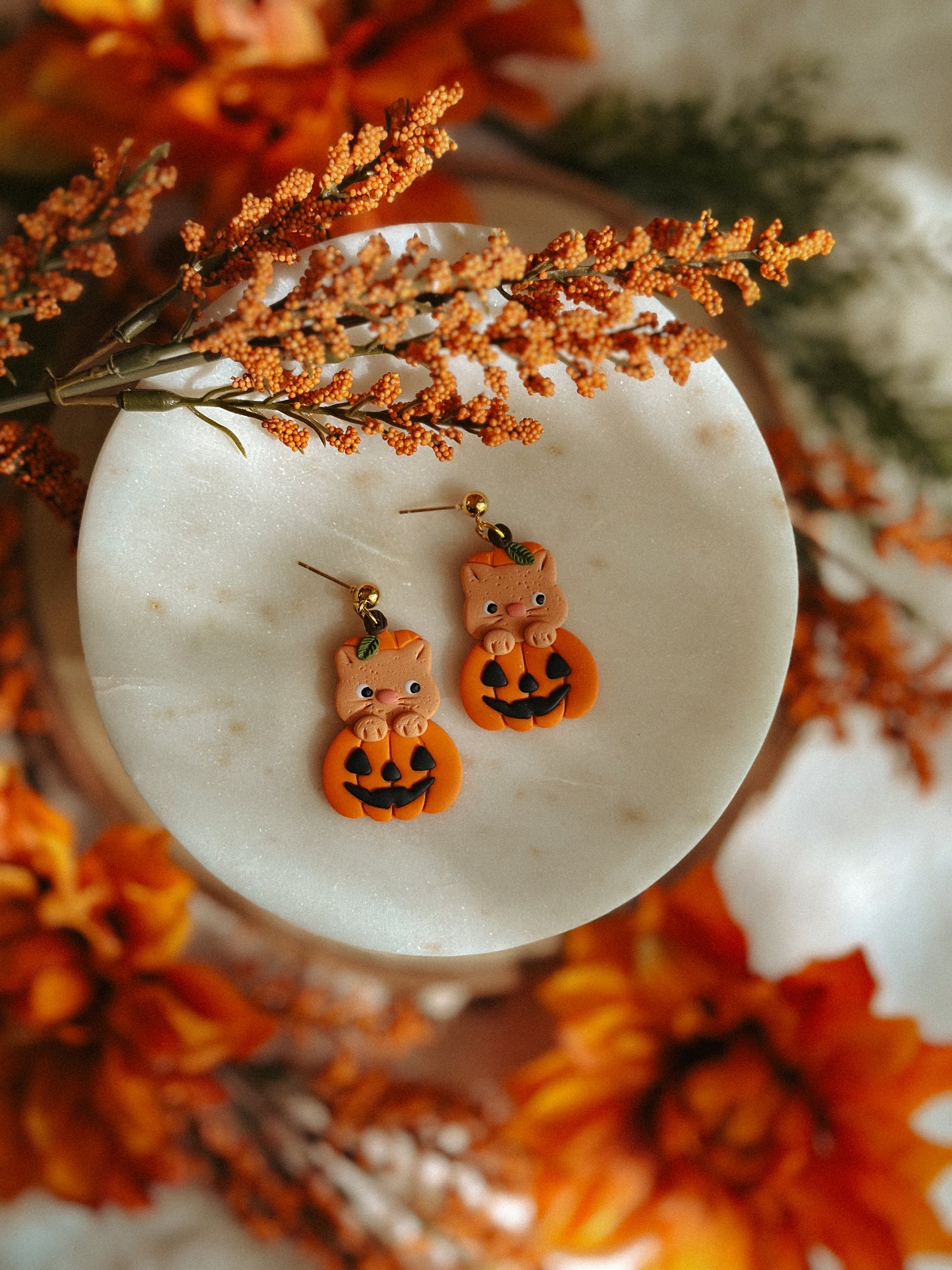 Pumpkin Kitty Drop Dangle polymer clay earrings ginger kitty pumpkin design