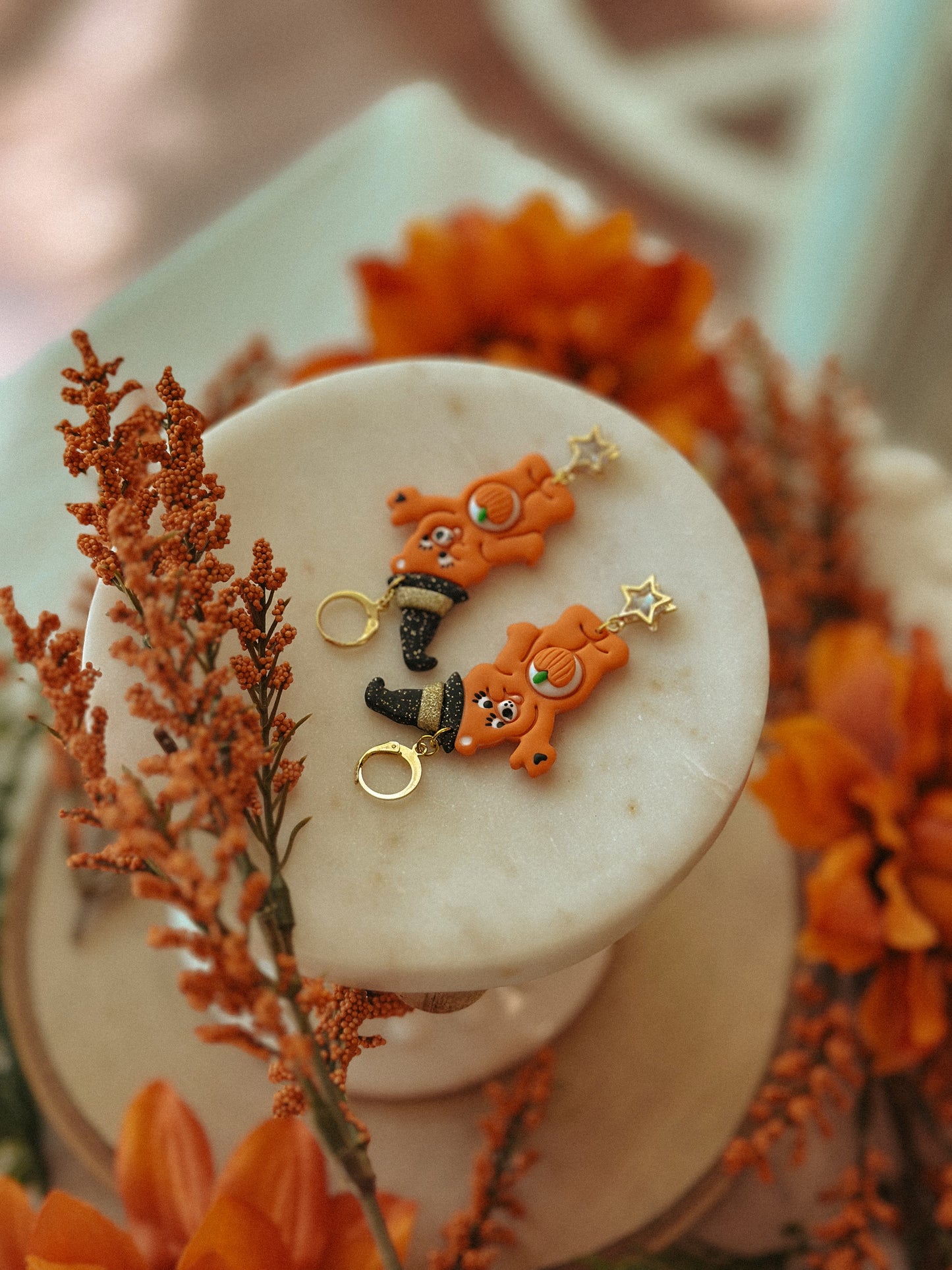 Pumpkin Carebear Drops polymer clay Halloween dangle earrings