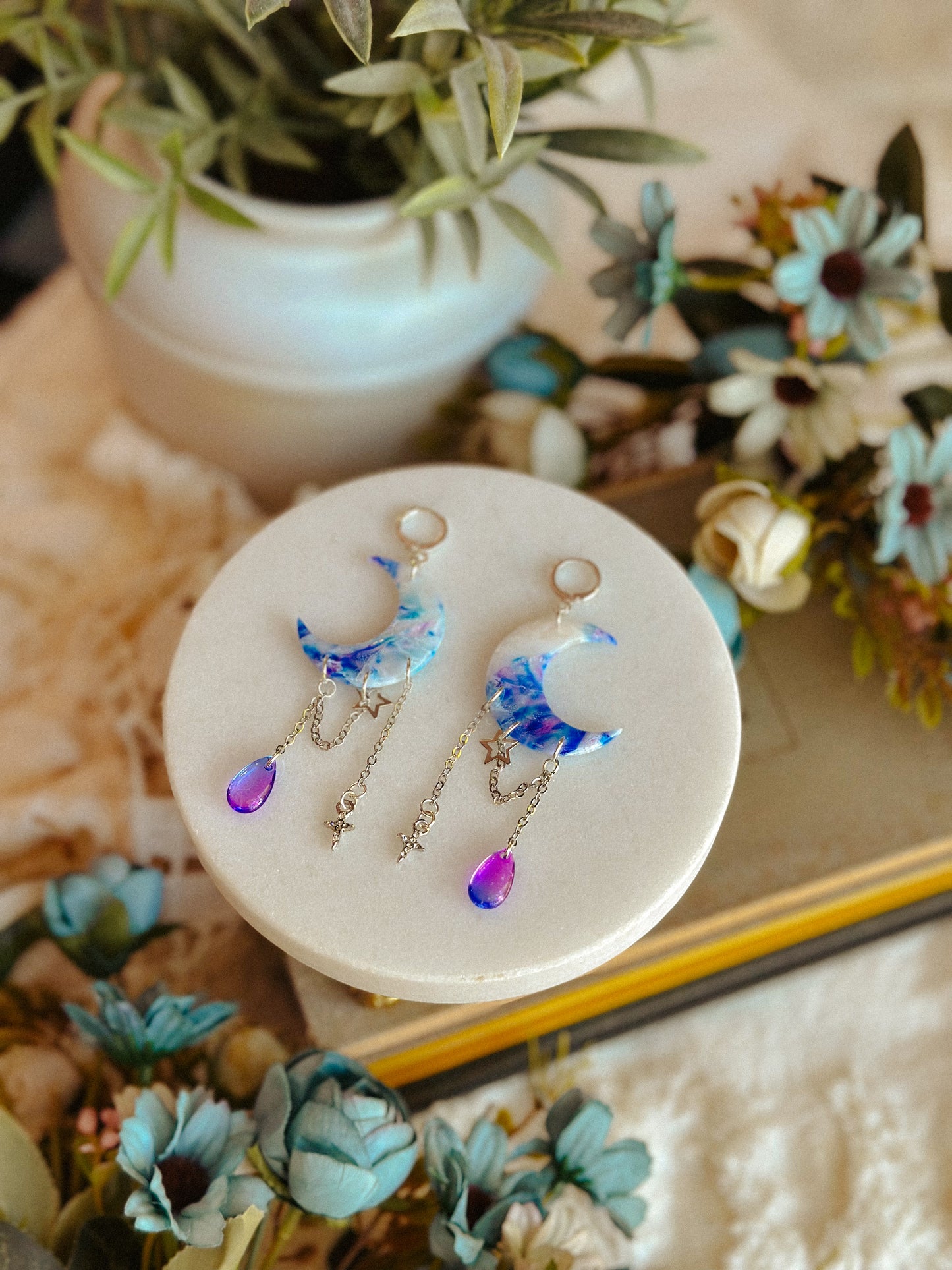 Summer Sunset Stained Glass Crescent Moon Dangles