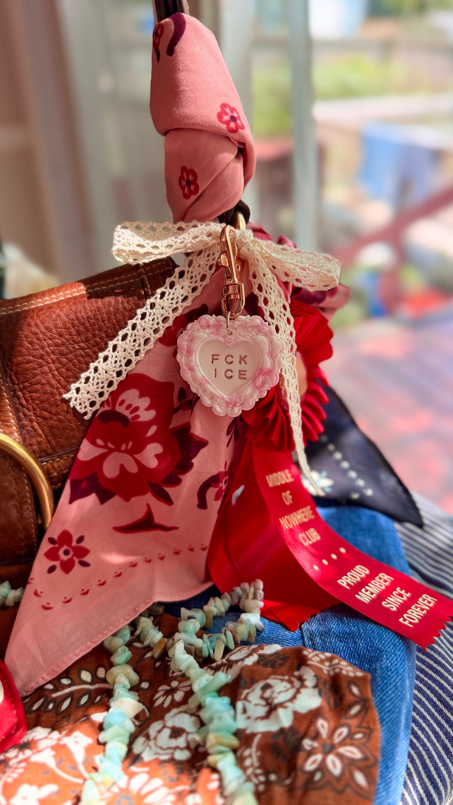 FCK ICE PINK Chinoiserie Heart Keychain in ROSE GOLD- Handmade Polymer Clay Bag Charm- LIMITED EDITION