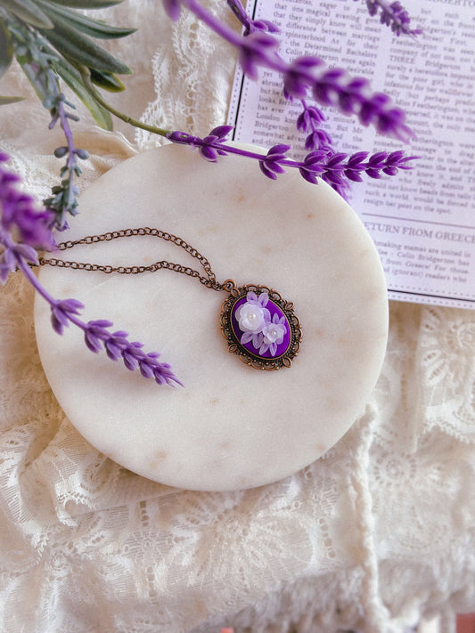 Violet Translucent Floral Cameo Necklace- Antique Bronze/ 10”