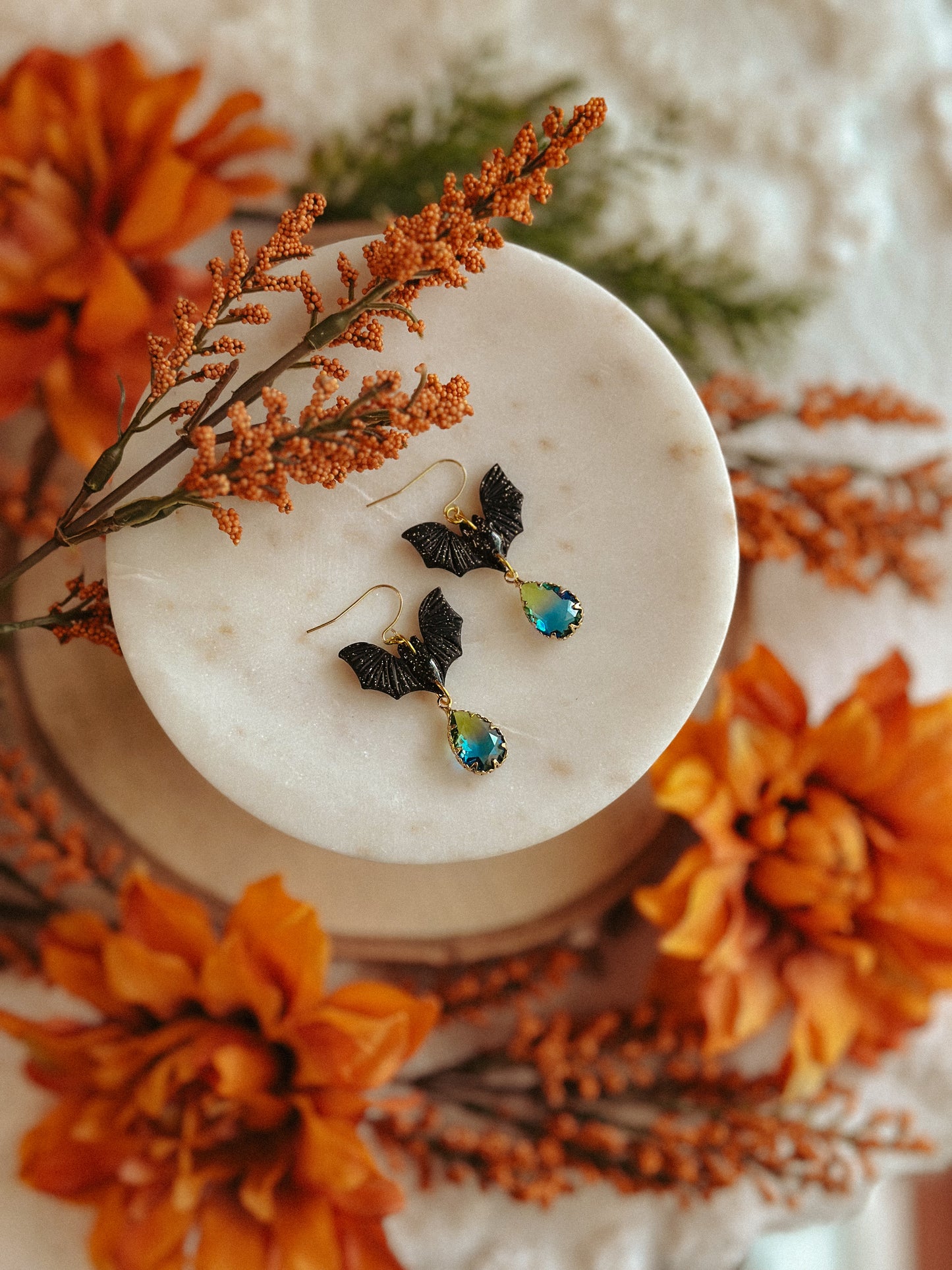 Spooky bat polymer clay & gemstone dangle earrings for Halloween