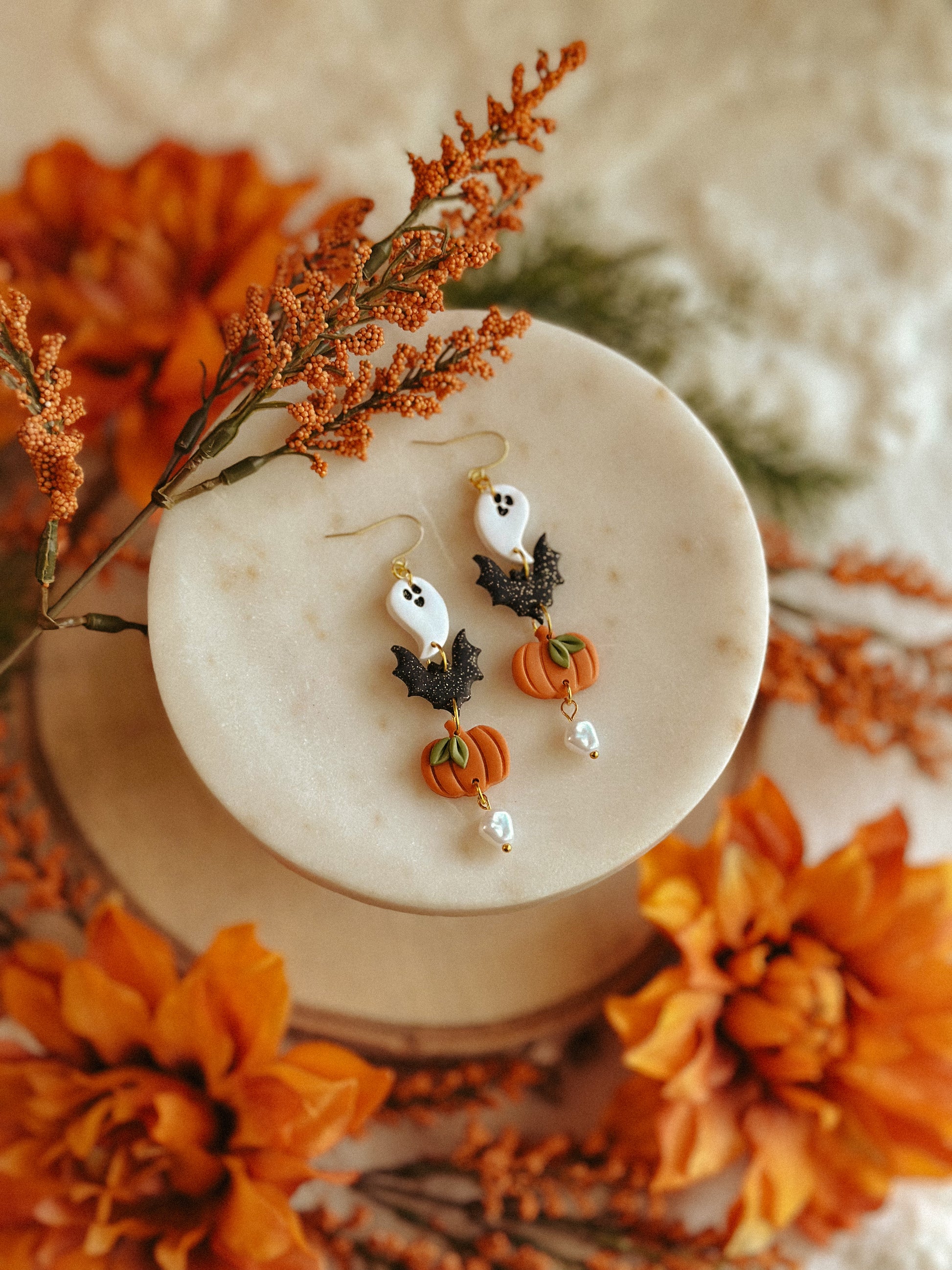 Halloween Charms Pearl Dangles polymer clay drop earrings with pearl accents