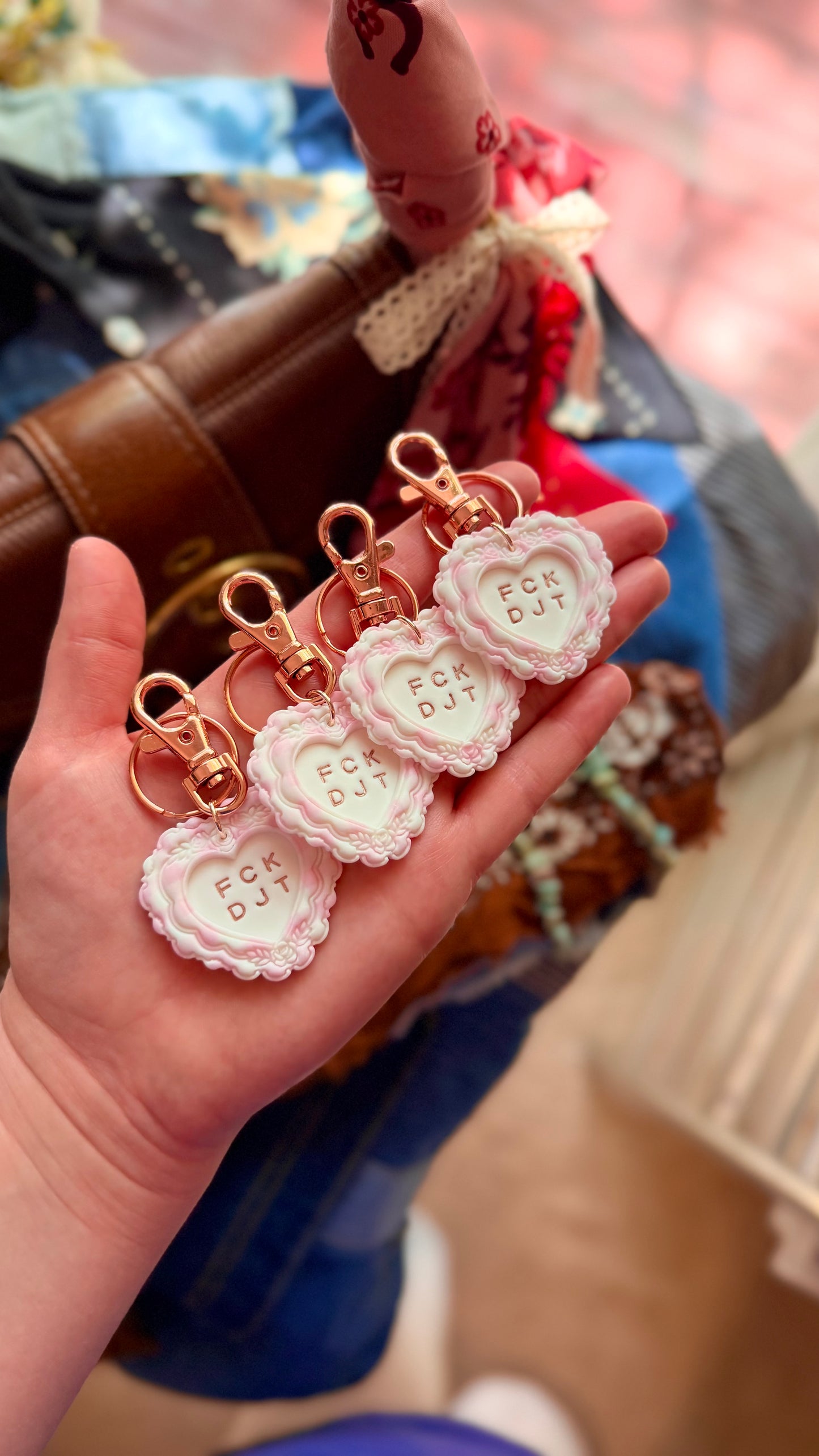FCK DJT PINK Gingham Heart Keychain in ROSE GOLD- Handmade Polymer Clay Bag Charm