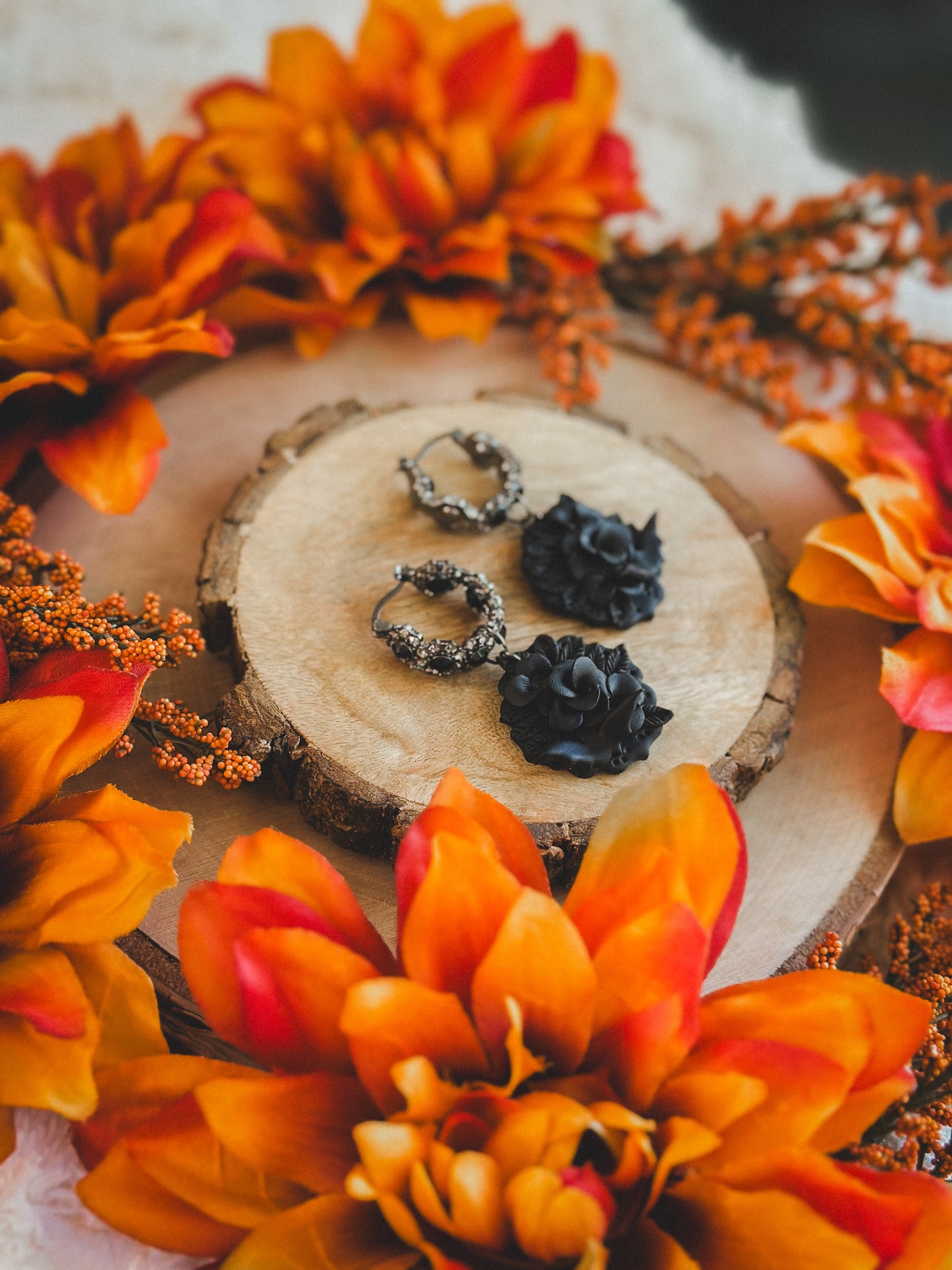 Gothic Monochrome Floral on Black Crystal Hoops