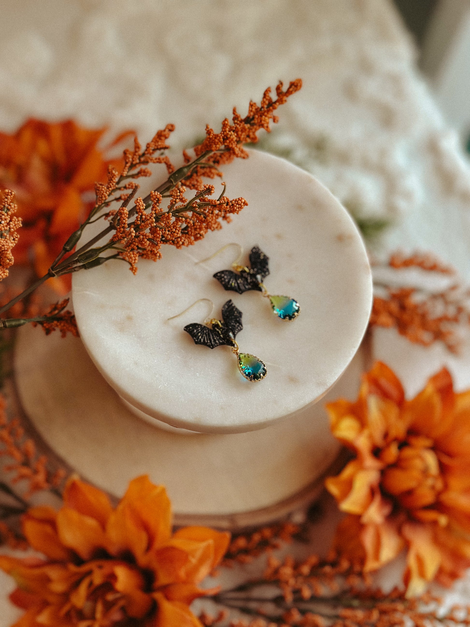 Freakin’ BATS Gemstone Drops polymer clay dangle earrings bat motif with gemstone accent