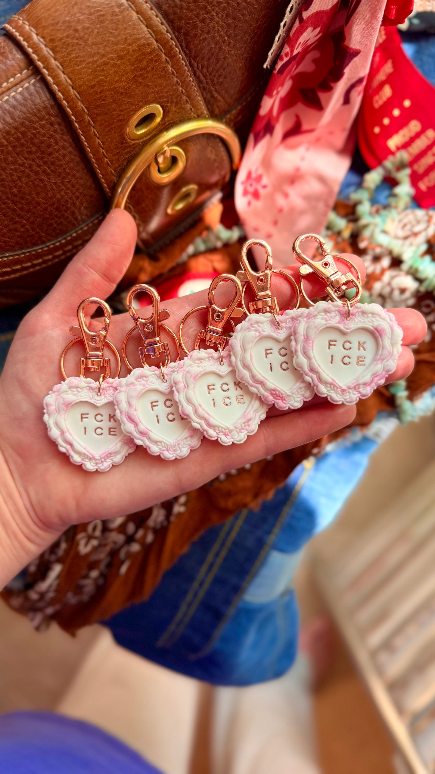 FCK ICE PINK Chinoiserie Heart Keychain in ROSE GOLD- Handmade Polymer Clay Bag Charm- LIMITED EDITION