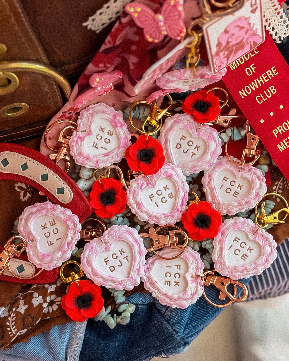 FCK ICE PINK Chinoiserie Heart Keychain in ROSE GOLD- Handmade Polymer Clay Bag Charm