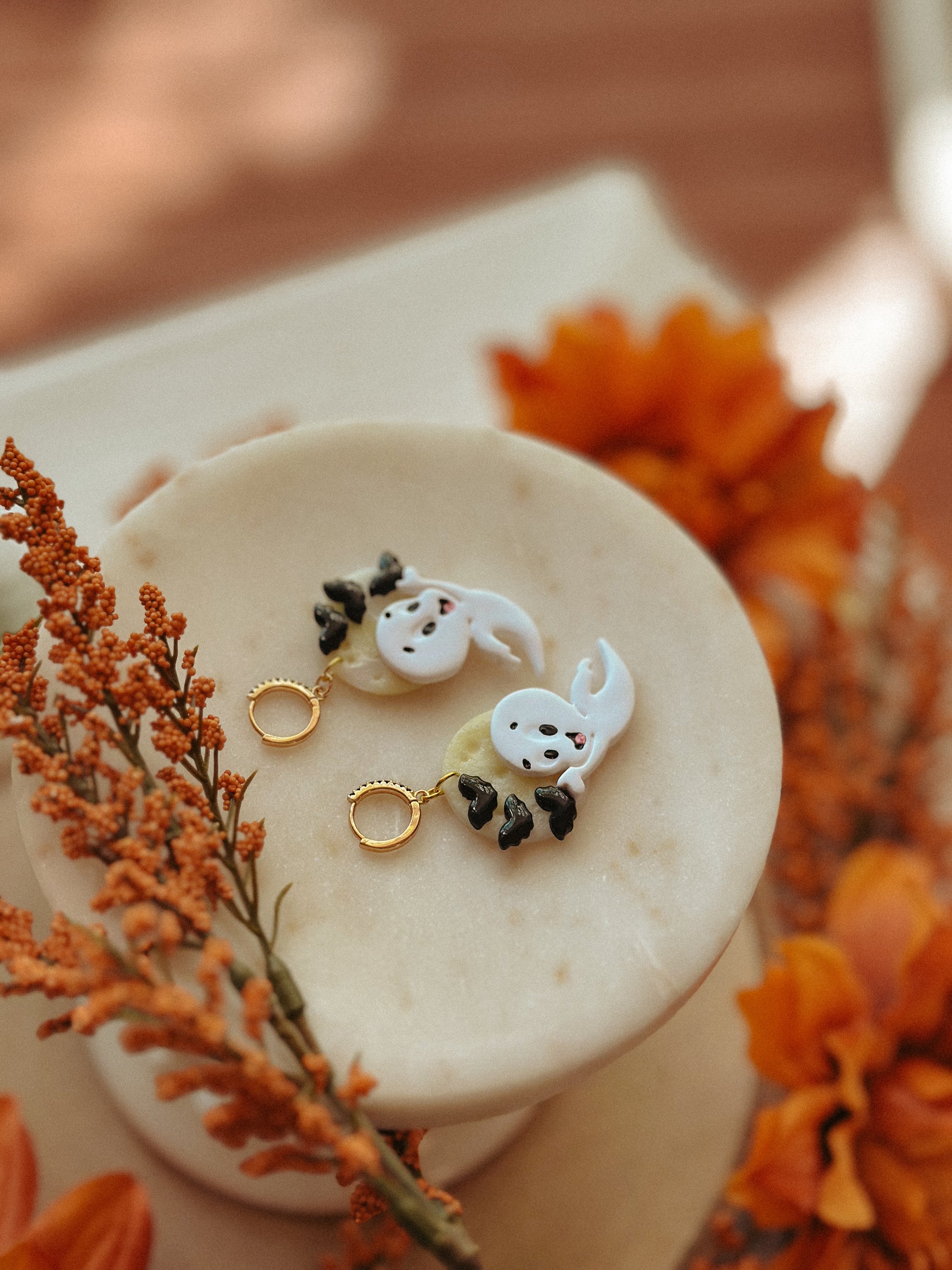 Casper glow in the dark full moon polymer clay earrings Halloween moon drops