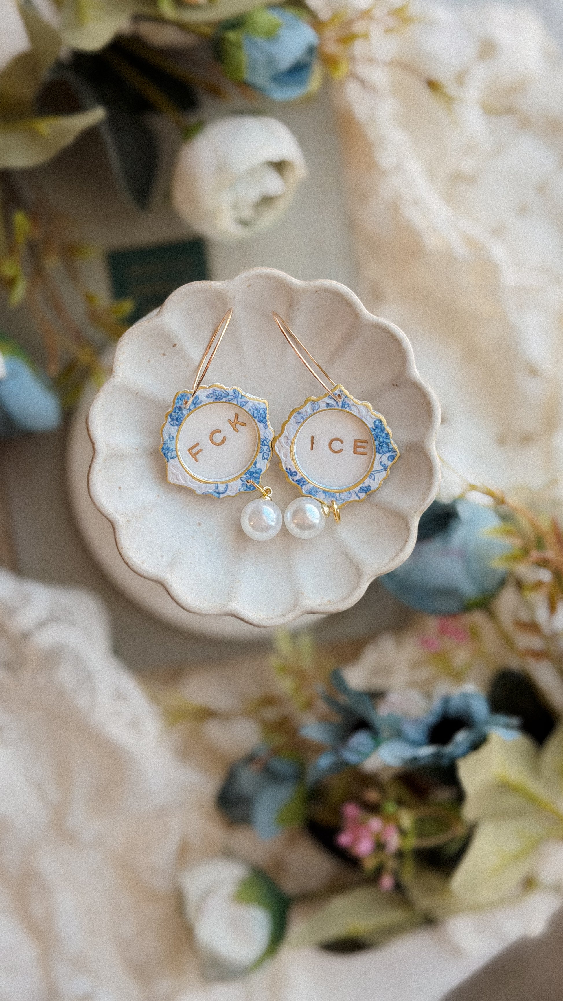 Handmade polymer clay earrings FCK ICE Chinoiserie Frame Pearl Earrings with elegant pearl accents — statement artisan jewelry on white background