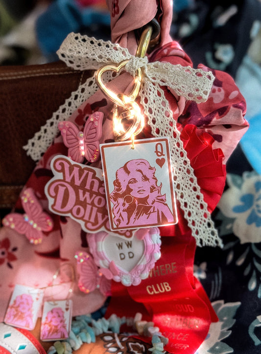 Queen Dolly playing card bag charm with gold heart clasp and lace ribbon styled with pink Dolly Collection accessories