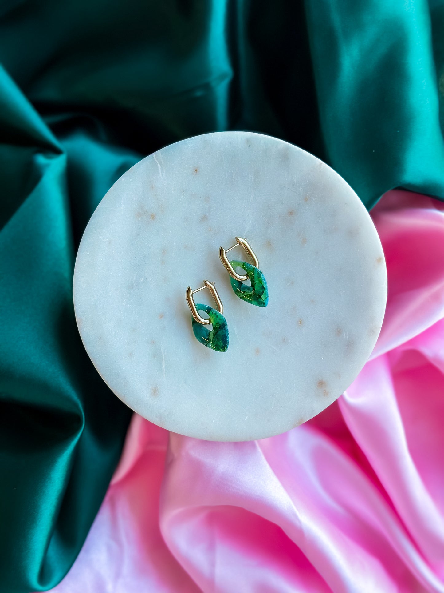 Elphaba green stained glass earrings handmade polymer clay huggies hoops emerald Wicked inspired earrings