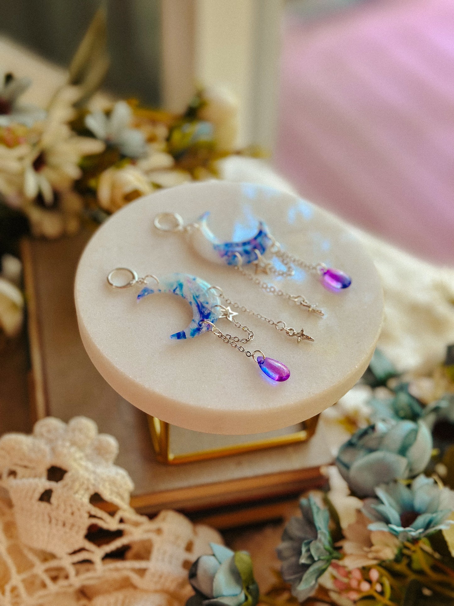 Summer Sunset Stained Glass Crescent Moon Dangles
