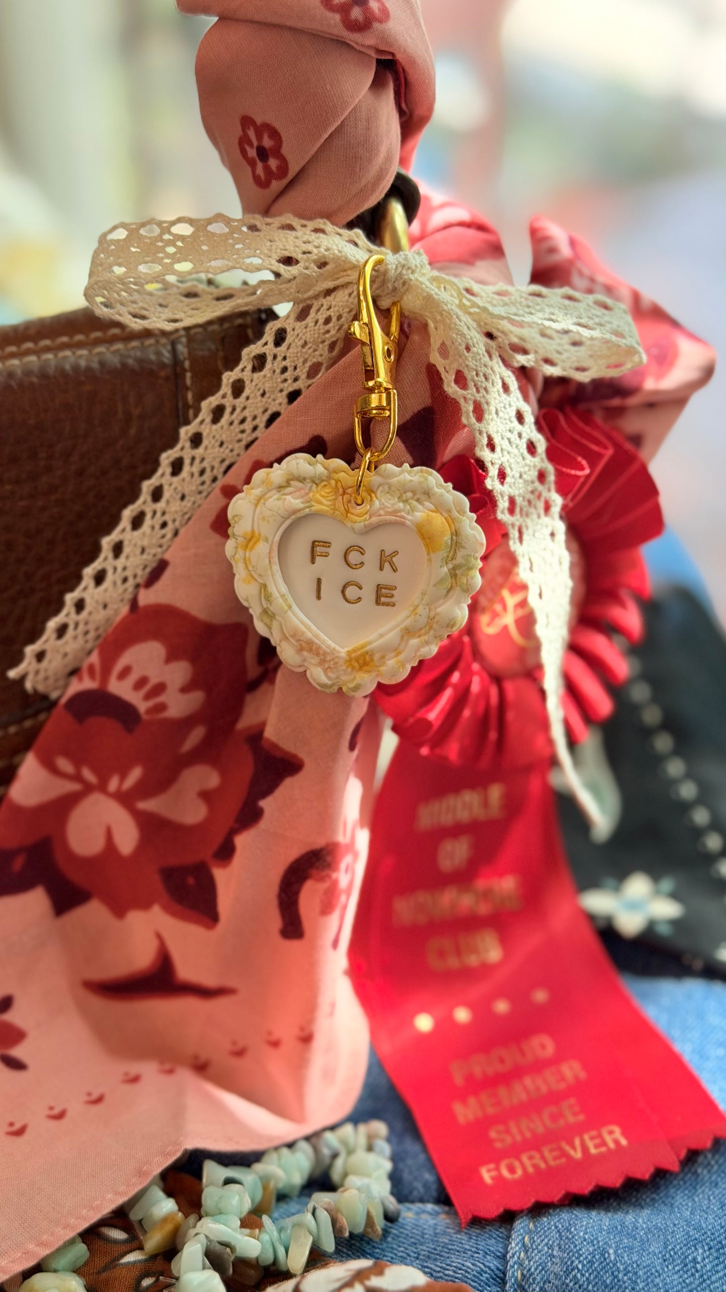 FCK ICE Vintage Floral Heart Keychain Handade Polymer Clay Bag Charm- Prototype