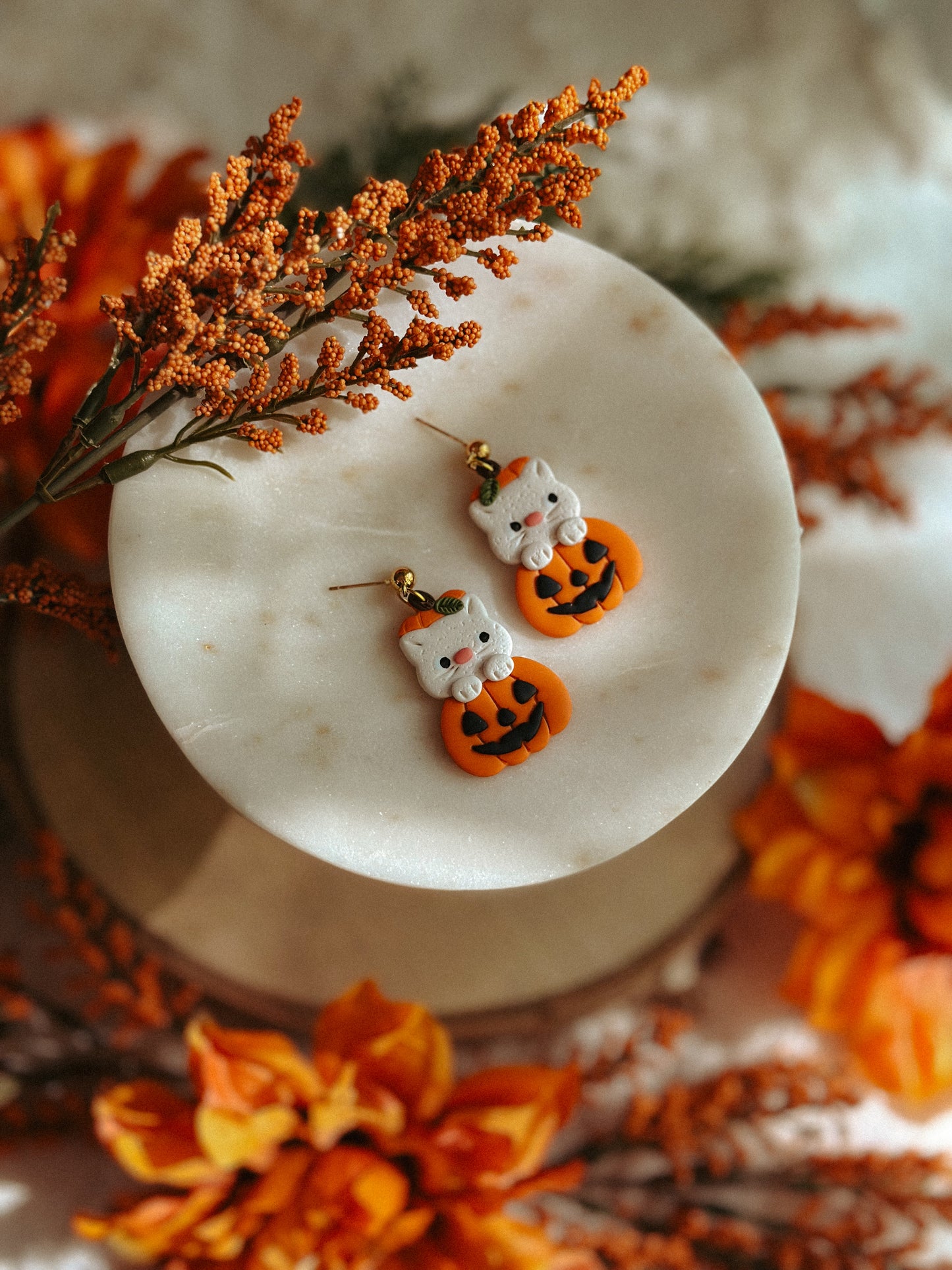 Cream kitty pumpkin polymer clay dangle earrings Halloween jewelry