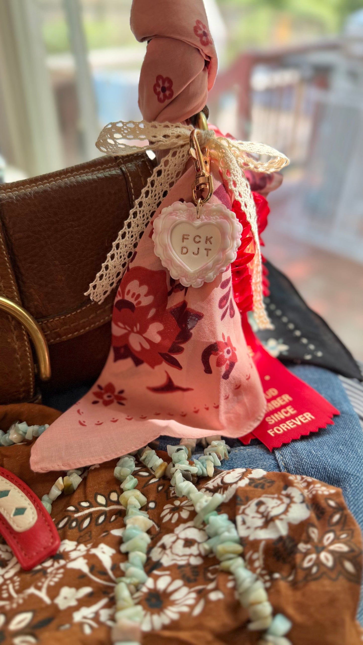 FCK DJT PINK Gingham Heart Keychain in ROSE GOLD- Handmade Polymer Clay Bag Charm