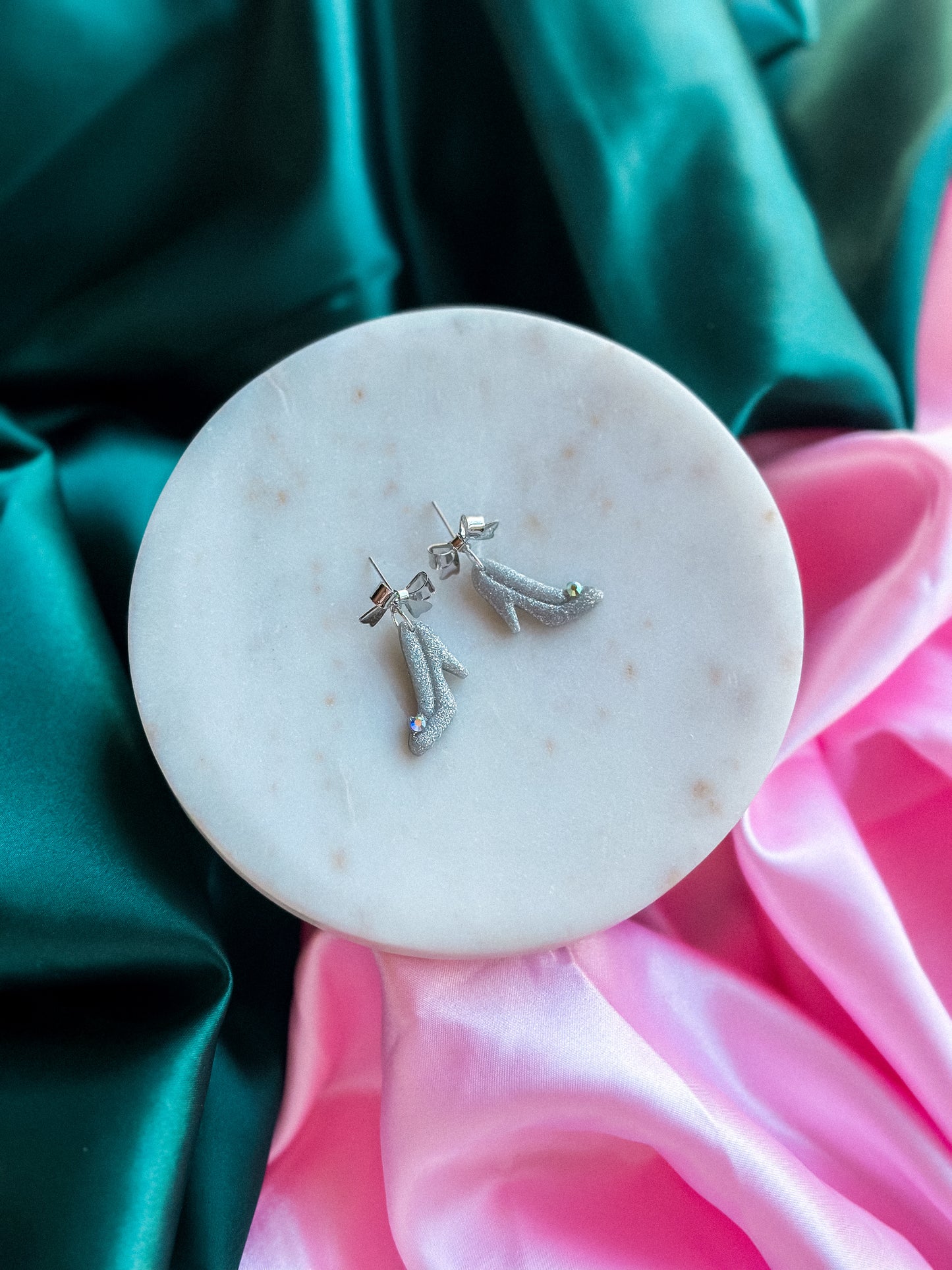 Wicked Silver slippers earrings bow dangle earrings handmade polymer clay Wizard of Oz earrings