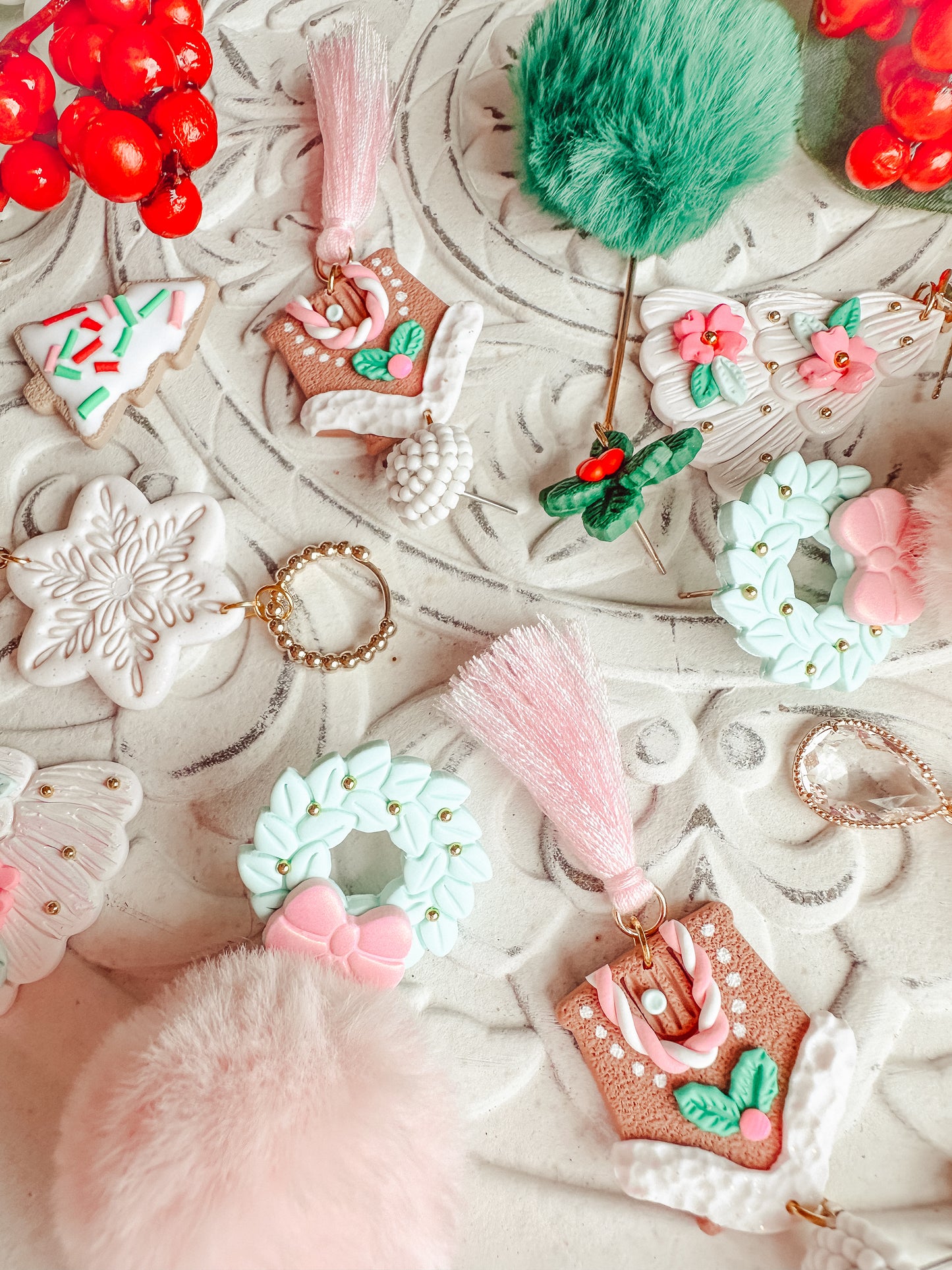 Vintage Mint Wreath Drops w/ Pink Poms