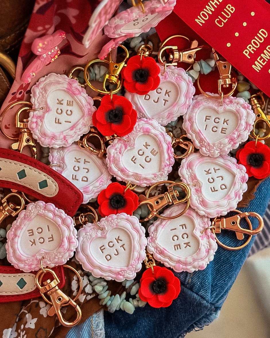 FCK ICE PINK Chinoiserie Heart Keychain in ROSE GOLD- Handmade Polymer Clay Bag Charm