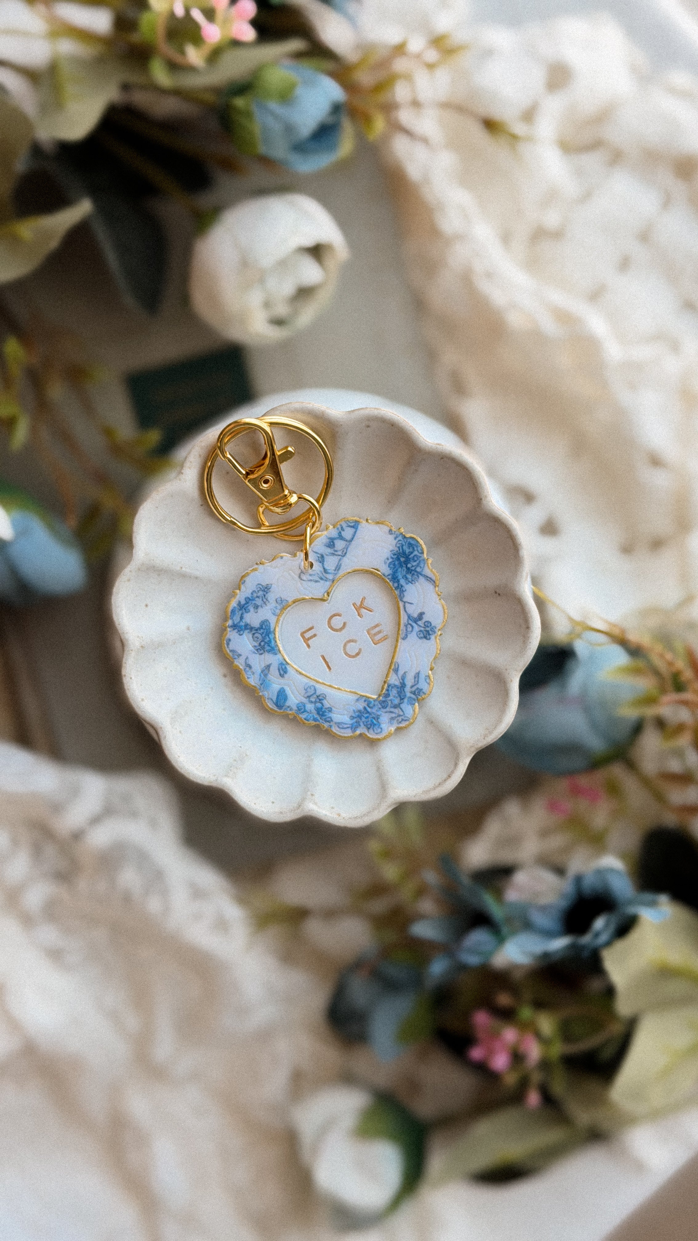 FCK ICE Chinoiserie Heart Keychain in GOLD- Handmade Polymer Clay