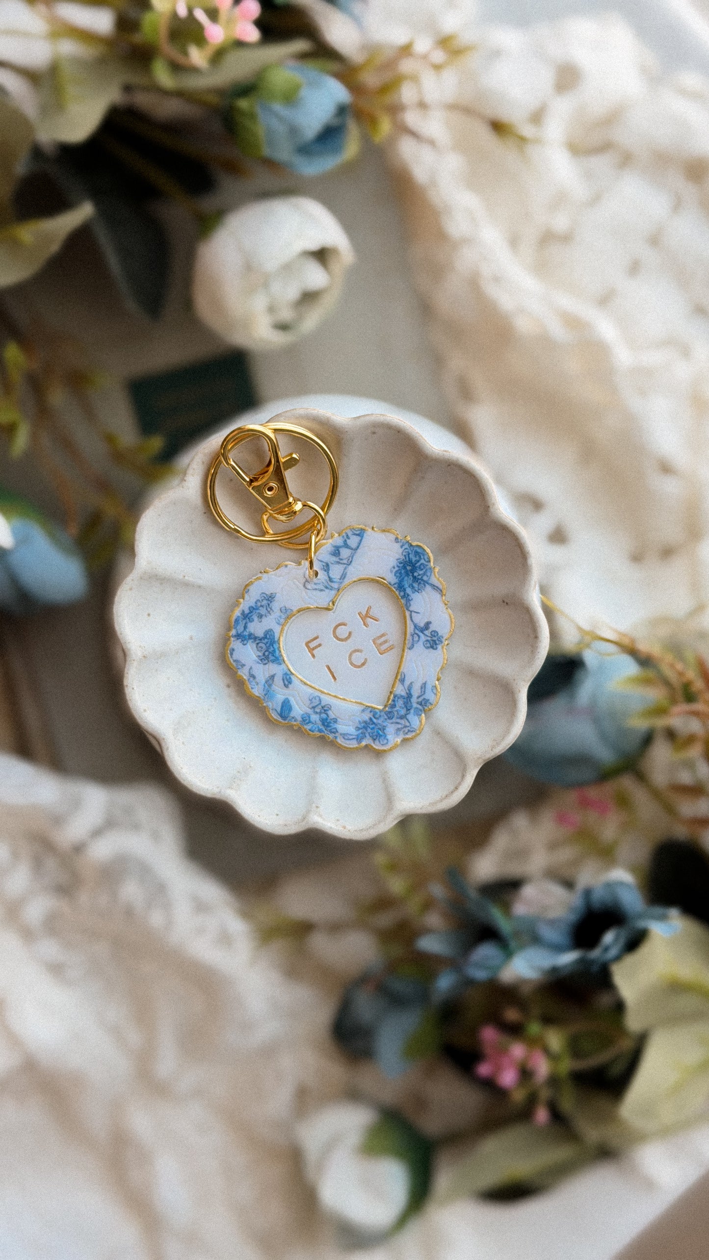 Handcrafted Chinoiserie FCK ICE Heart Keychain in polymer clay with bold heart design and metal keyring on white background — unique handmade accessory