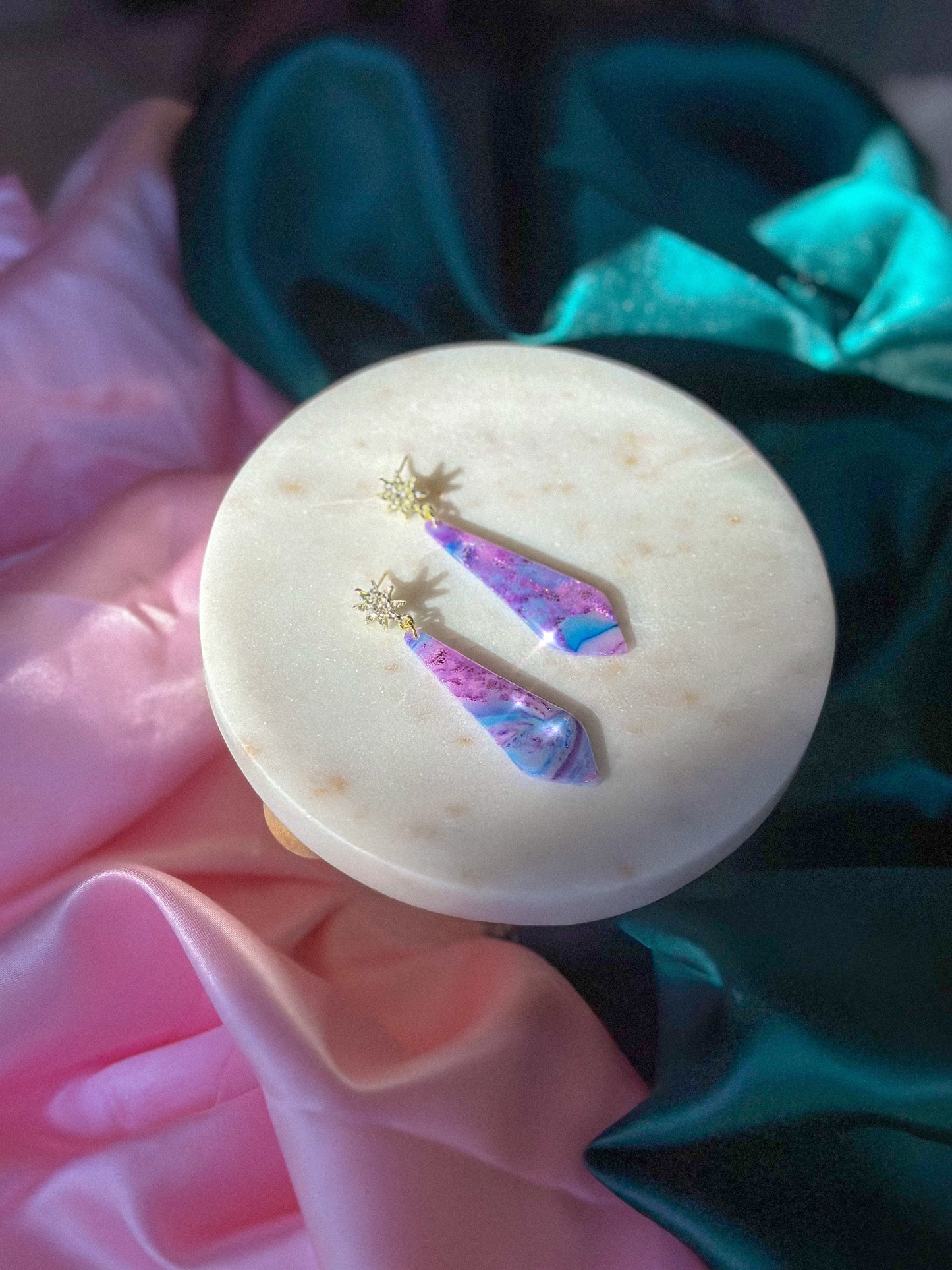 Glinda’s Gown Earrings Stained Glass Starburst handmade polymer clay earrings Wicked inspired earrings