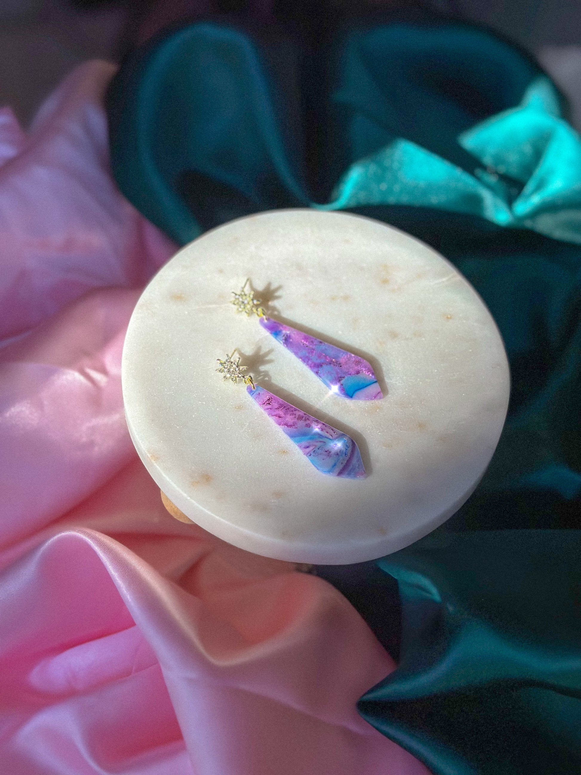 Glinda’s Gown Earrings Stained Glass Starburst handmade polymer clay earrings Wicked inspired earrings