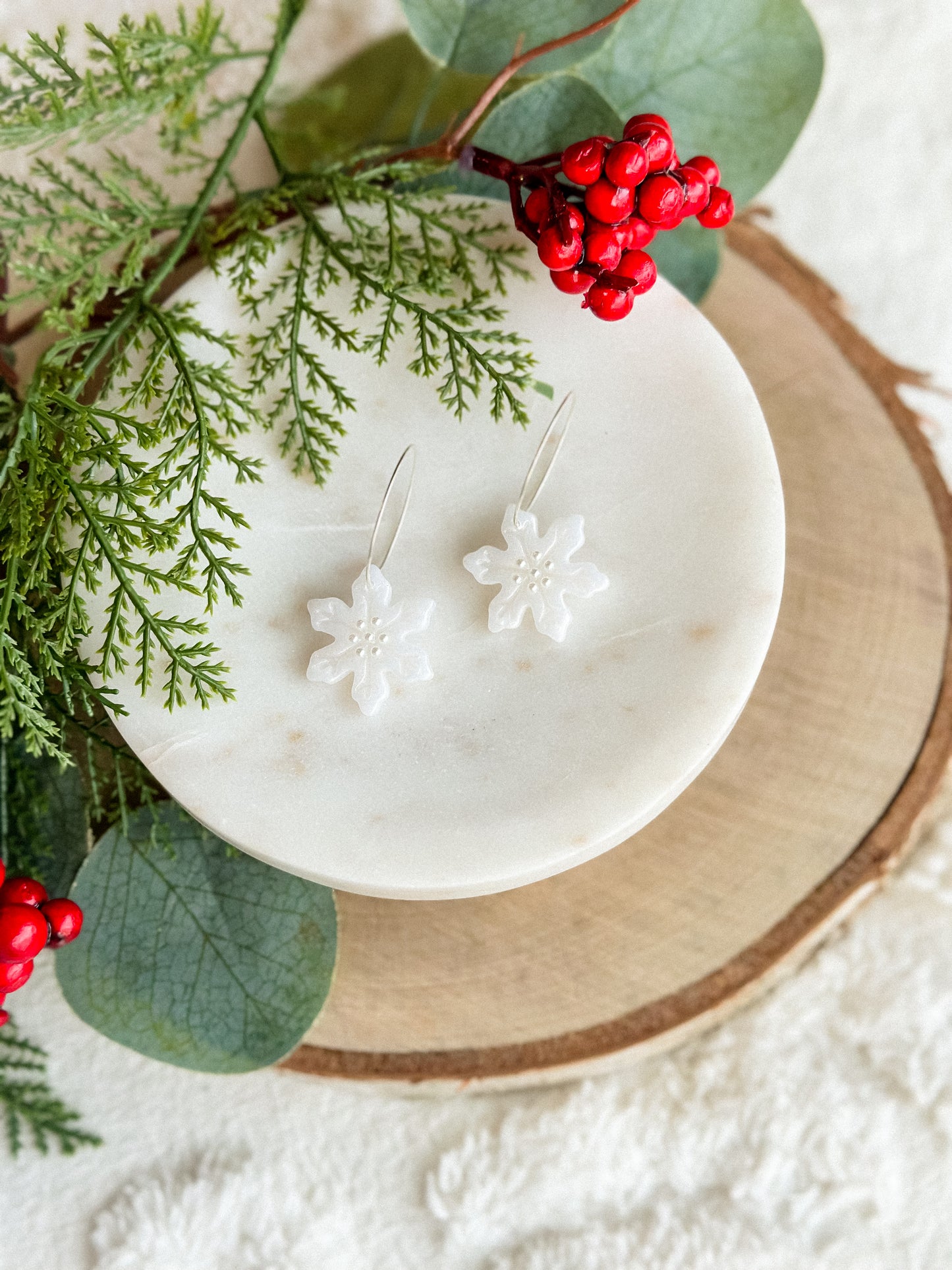 Ice Queen Shimmer Pearl Snowflake  Silver Hoops