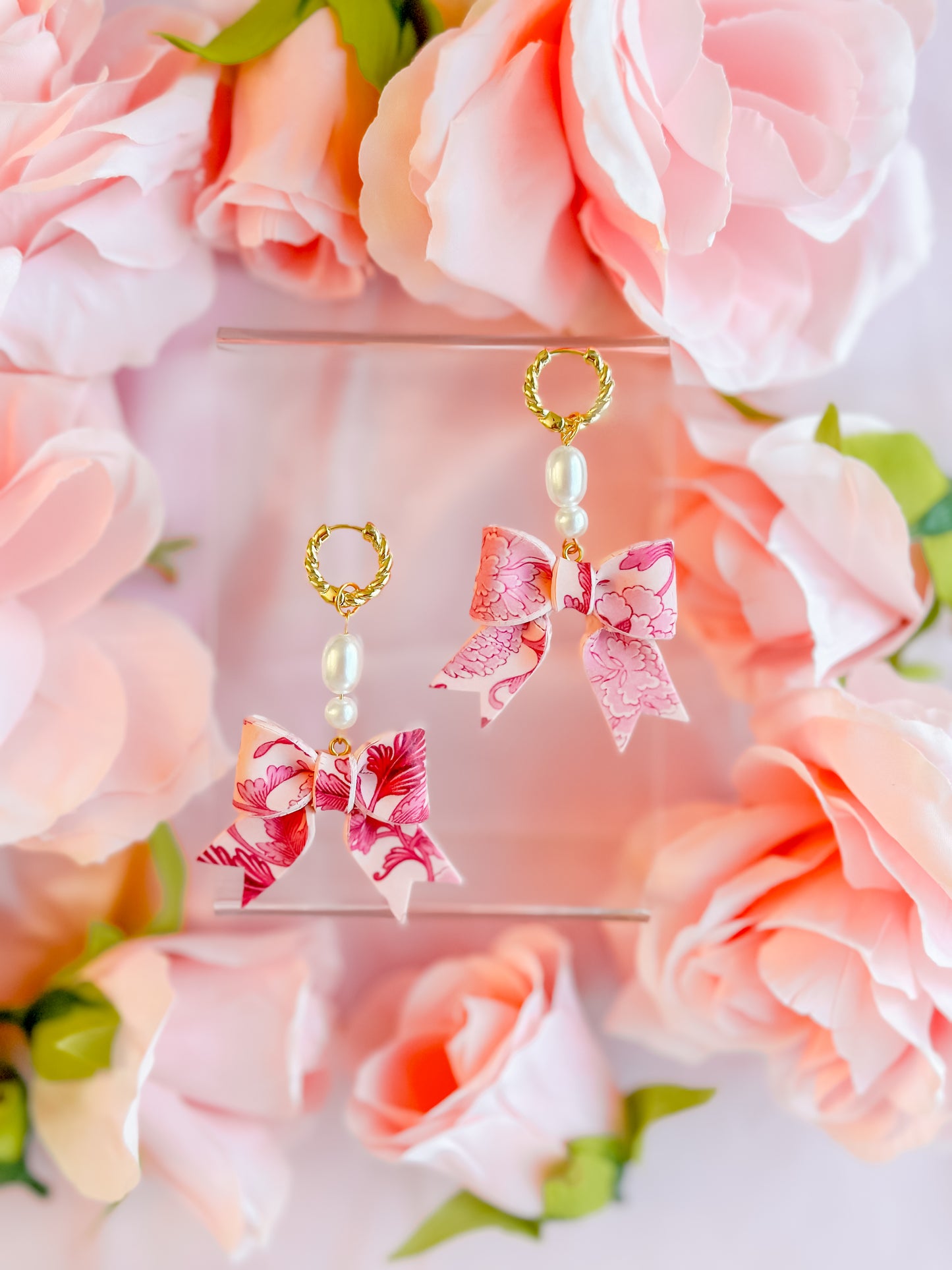 Pink Chinoiserie Bows Pearl Huggie Dangles