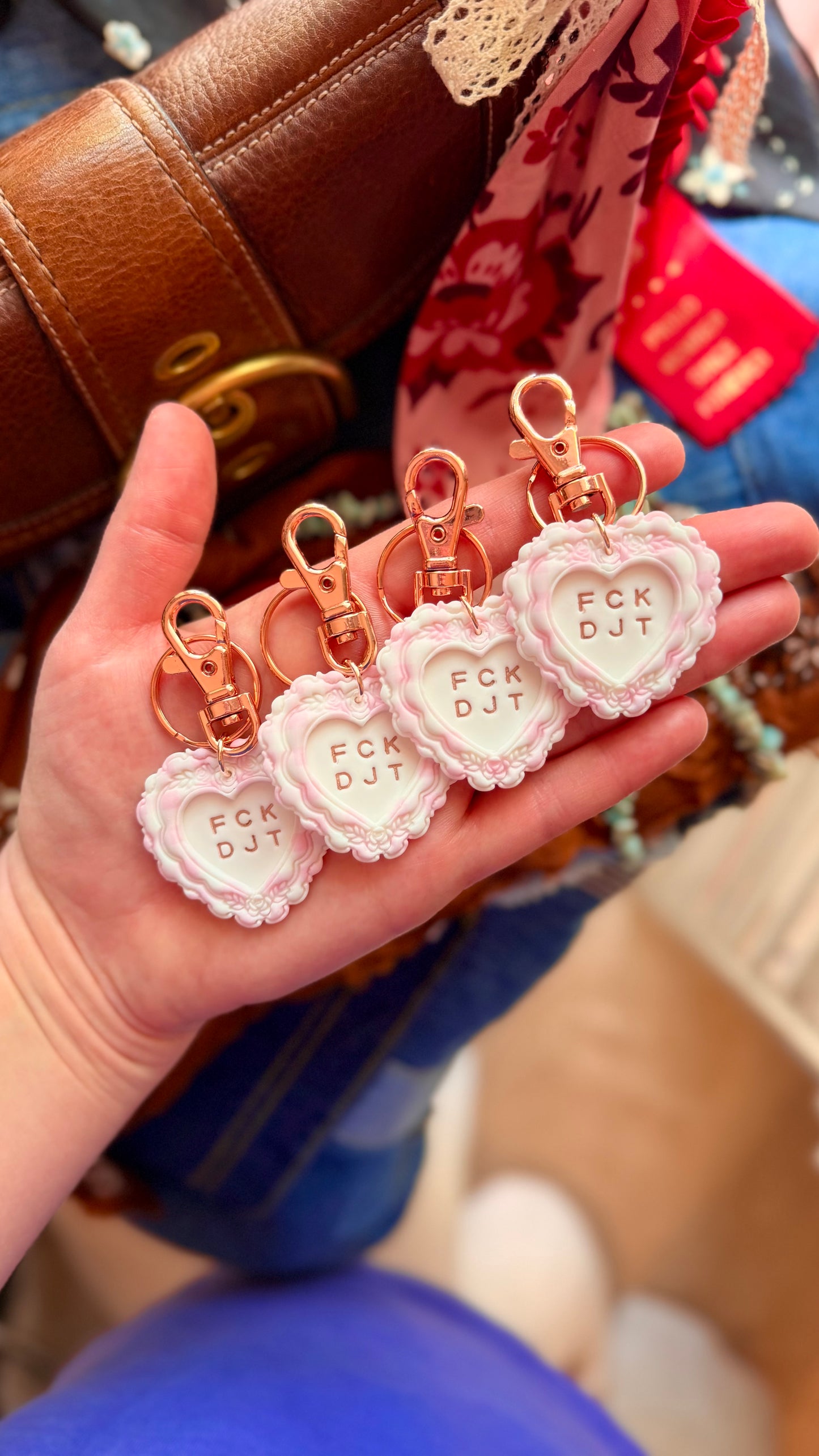 FCK DJT PINK Gingham Heart Keychain in ROSE GOLD- Handmade Polymer Clay Bag Charm
