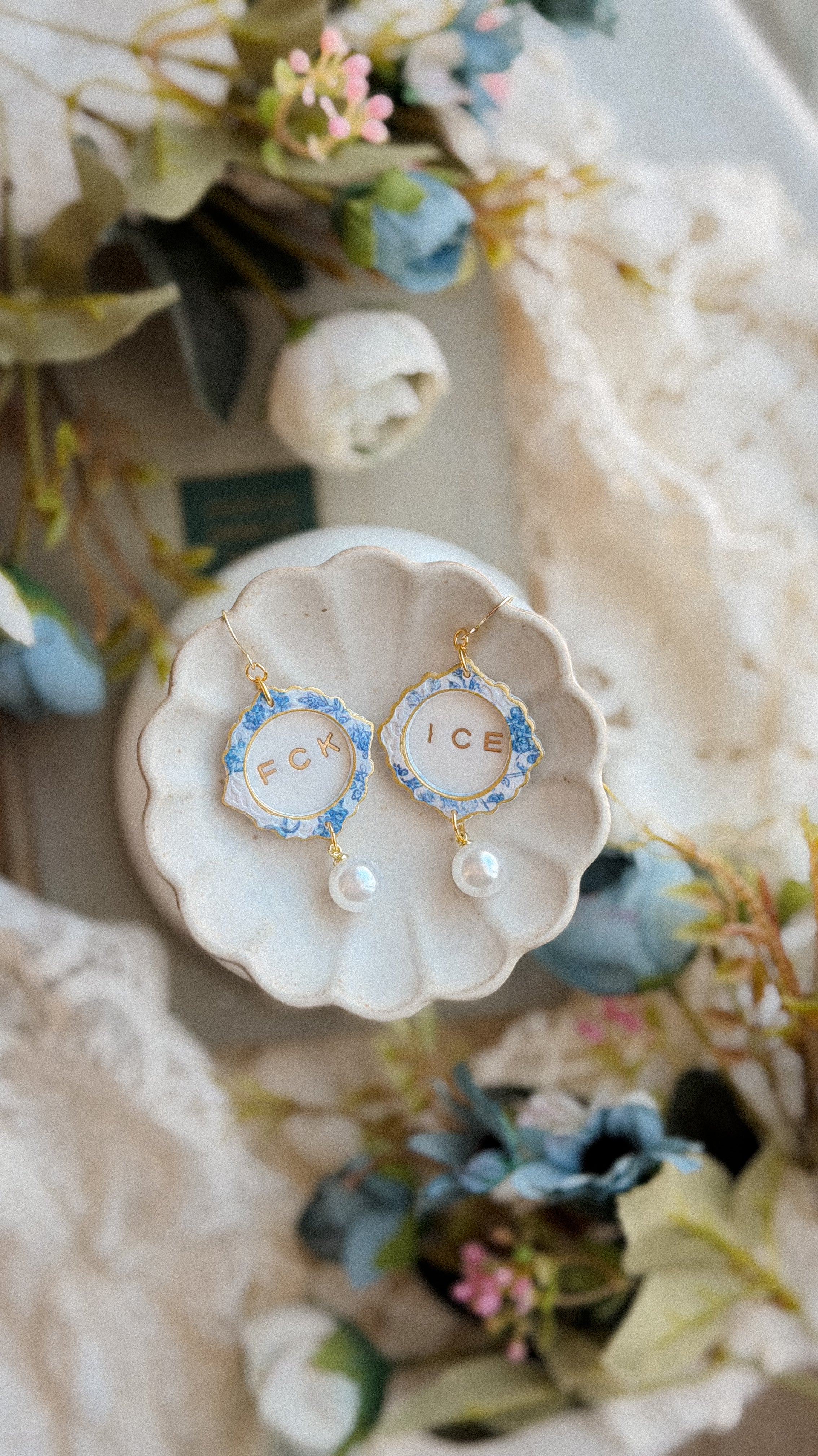 FCK ICE Chinoiserie Frame Pearl Earrings- Handmade Polymer Clay