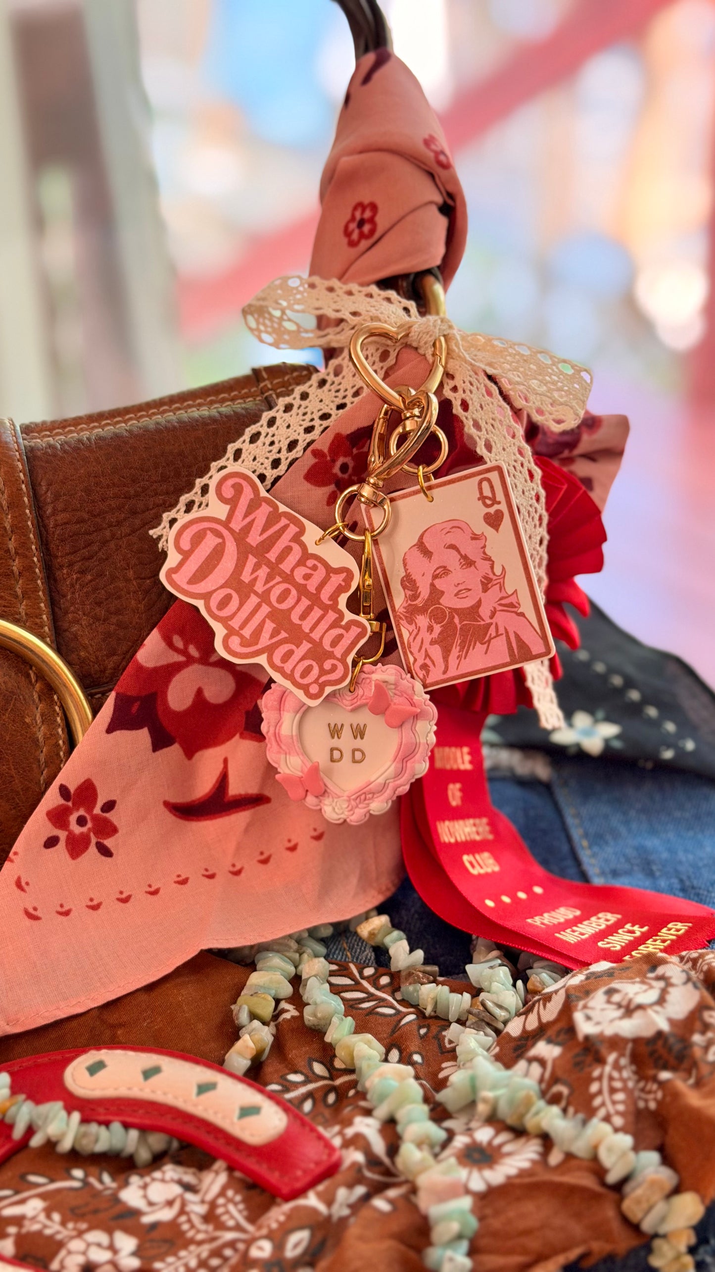 WWDD “What Would Dolly Do?” Pink Gingham Heart Bag Charm / Keychain with Butterflies