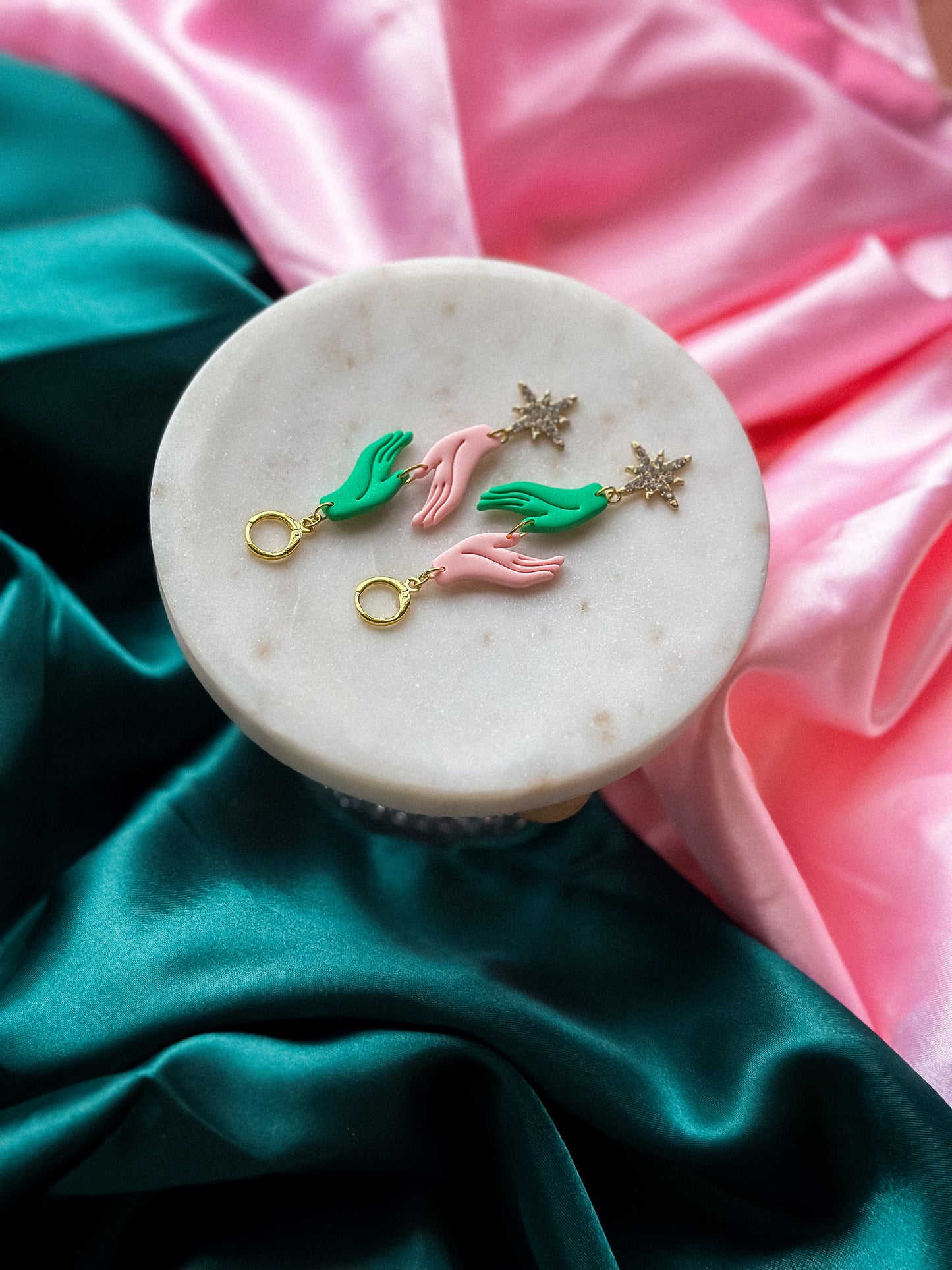 Holding Space Earrings Glinda and Elphaba Wicked earrings pink and green handmade polymer clay dangle earrings Wicked inspired earrings