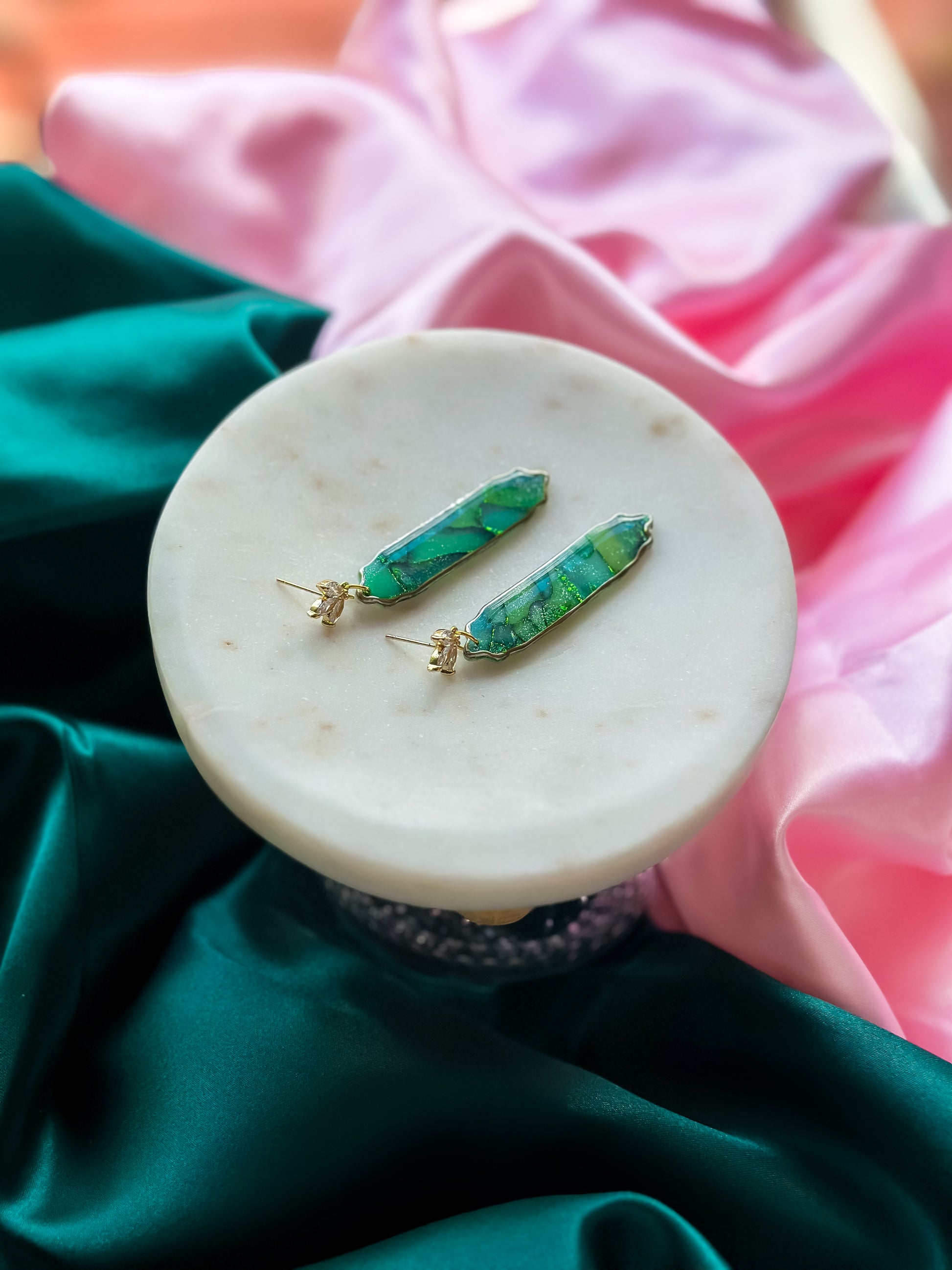 Elphaba green stained glass earrings polymer clay earrings emerald witch inspired Wicked earrings