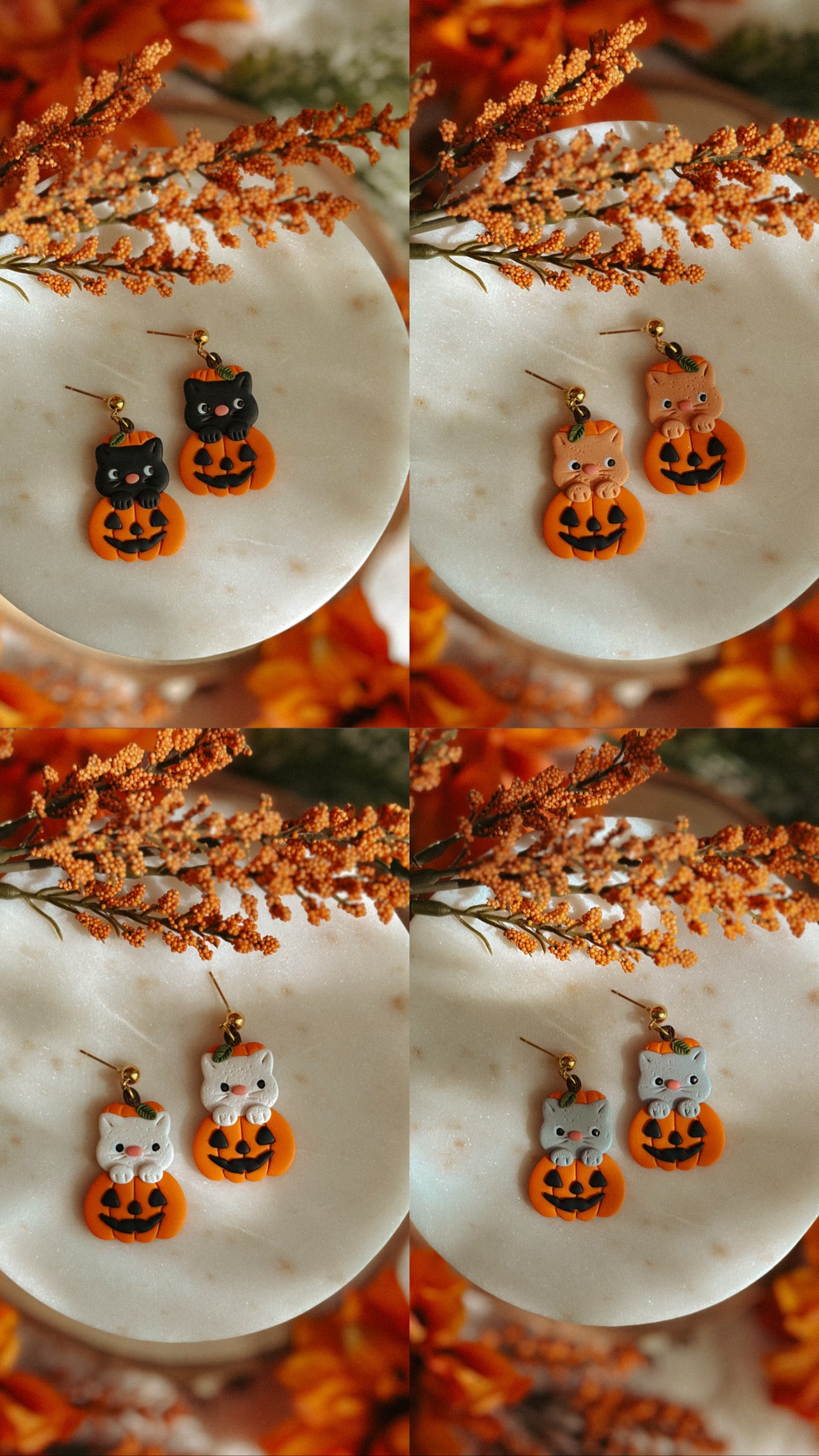 Pumpkin Kitty Drop Dangle polymer clay earrings grey kitty pumpkin design