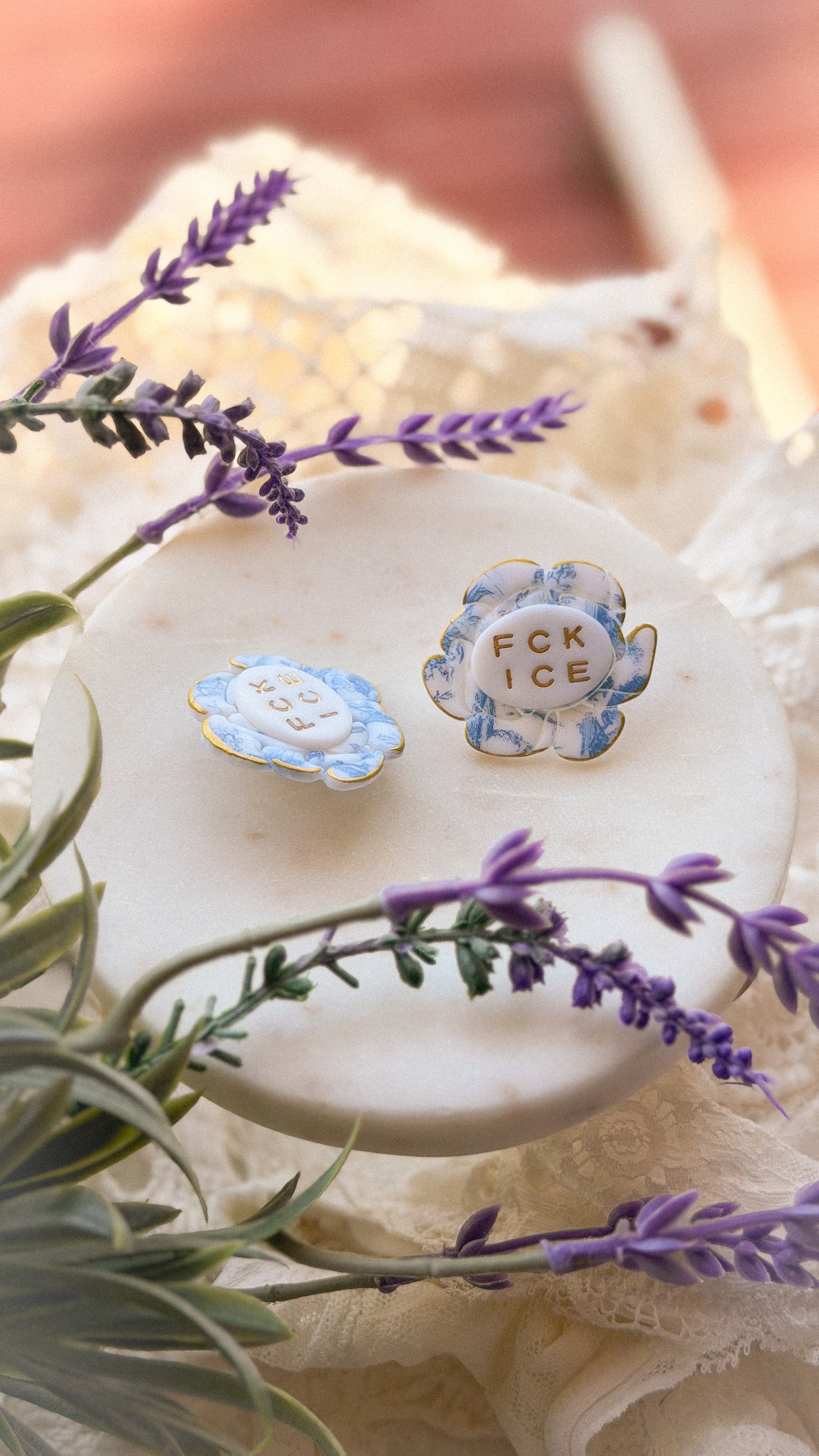 Close-up of Chinoiserie FCK ICE Floral Brooch showing detailed clay petals and vibrant colors — perfect statement piece for jackets, bags, or scarves.