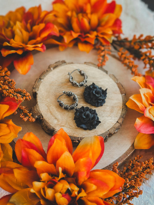 Gothic Monochrome Floral on Black Crystal Hoops