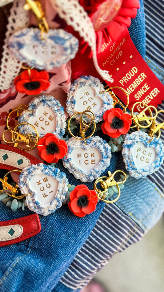 FCK ICE Chinoiserie Heart Keychain in GOLD- Handmade Polymer Clay Bag Charm