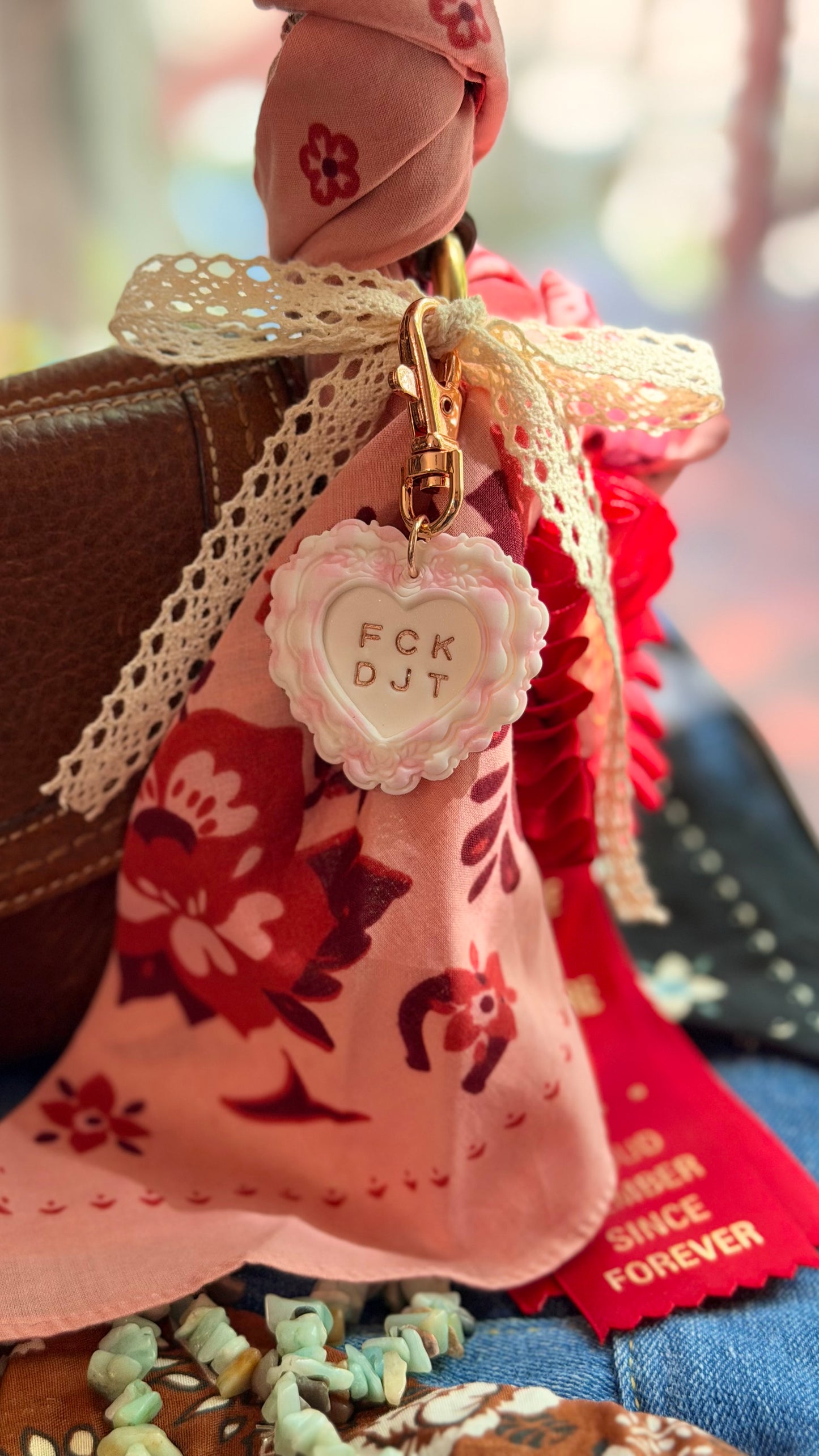 FCK DJT PINK Gingham Heart Keychain in ROSE GOLD- Handmade Polymer Clay Bag Charm