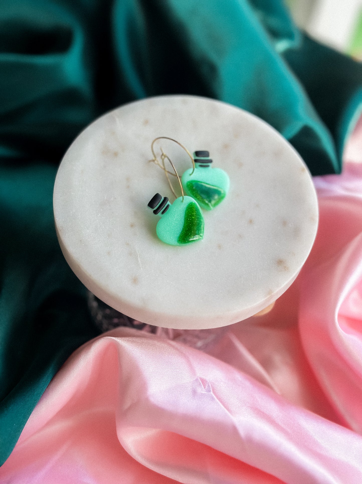 The Green Elixir Wicked Hoops earrings witch potion green handmade polymer clay hoop earrings Wicked Earrings Elphaba Earrings