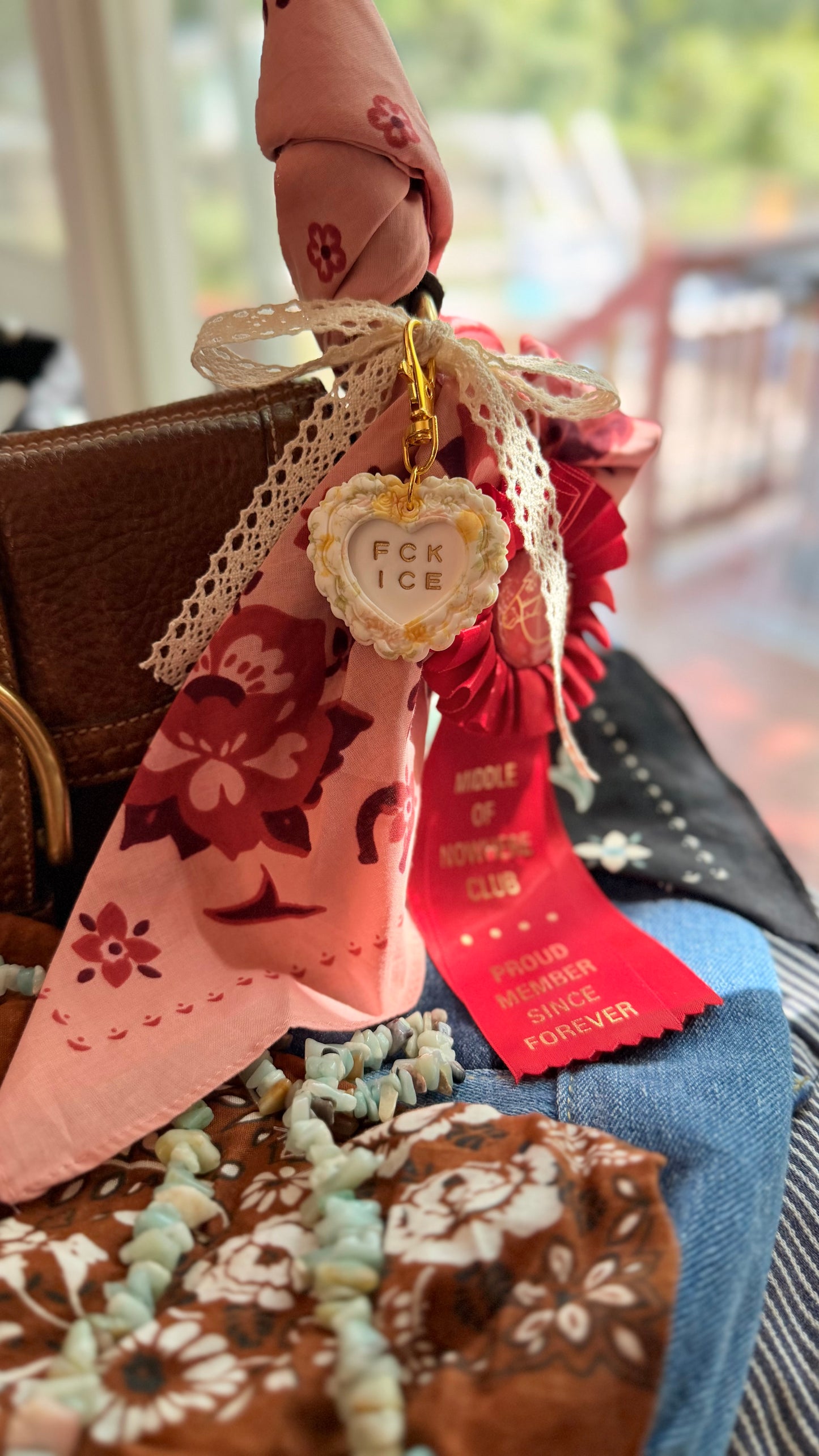 FCK ICE Vintage Floral Heart Keychain Handade Polymer Clay Bag Charm- Prototype