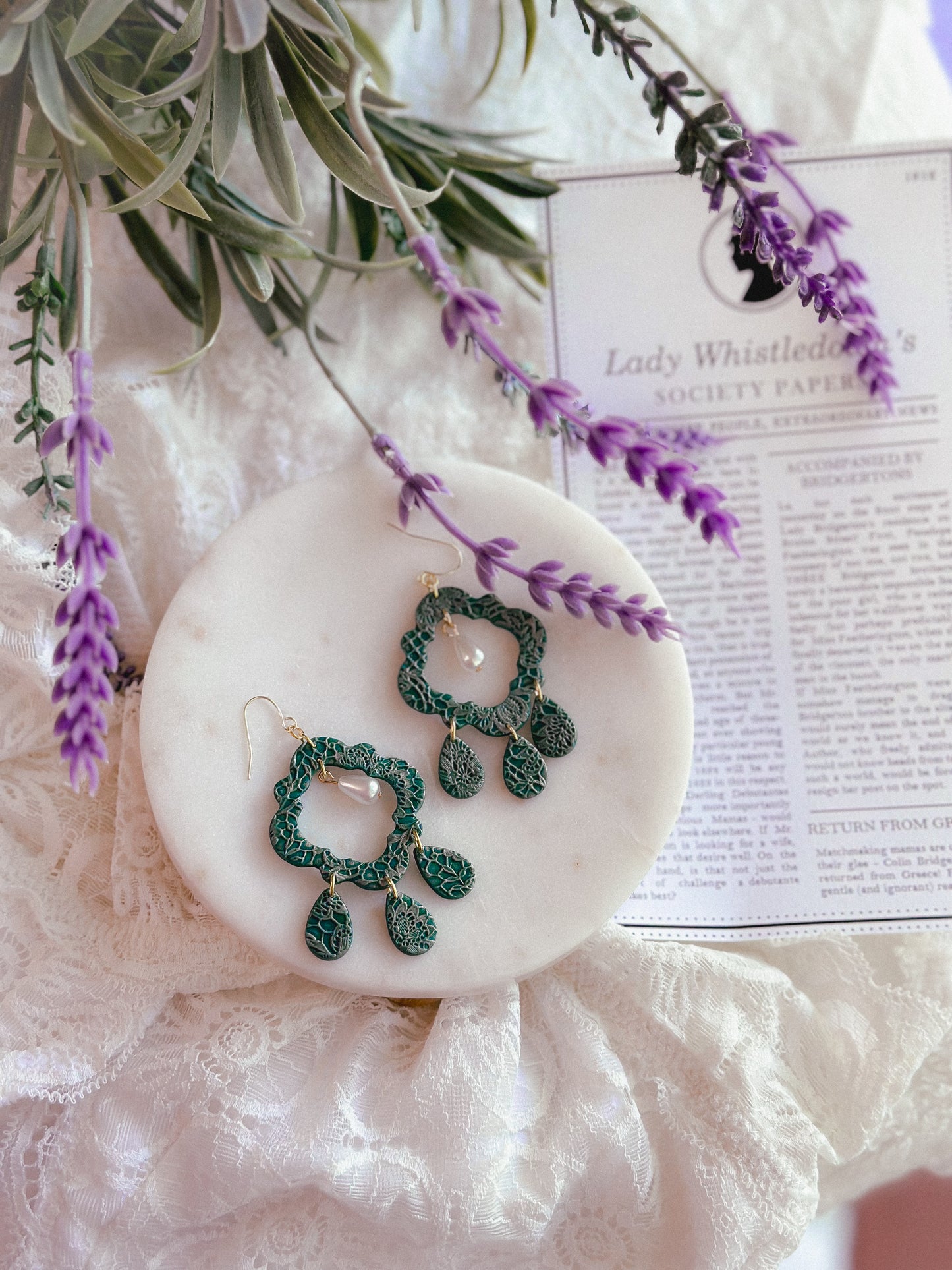 Emerald Lace Damask Cutout Pearl Drops