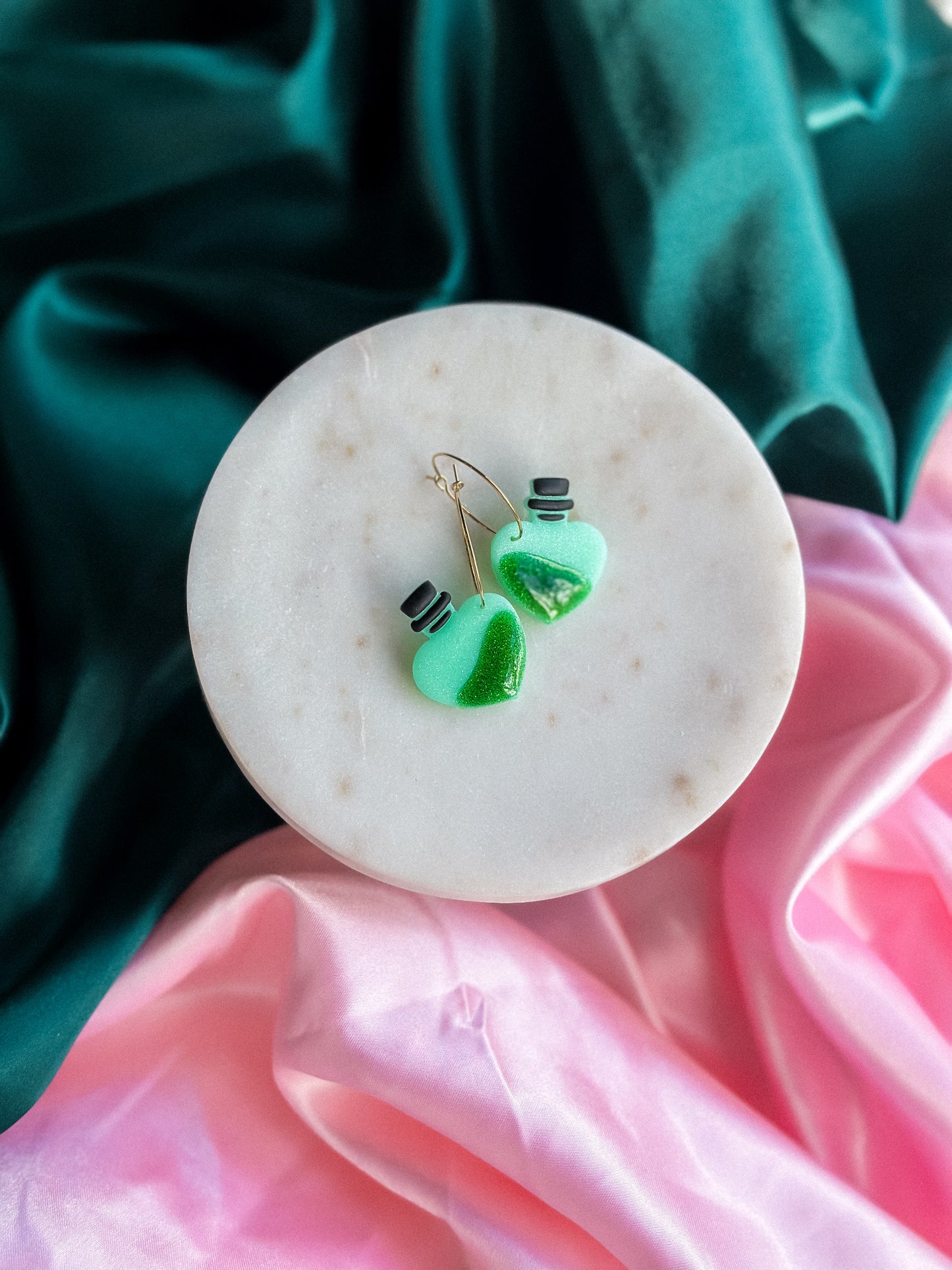 The Green Elixir Wicked Hoops earrings witch potion green handmade polymer clay hoop earrings Wicked Earrings Elphaba Earrings