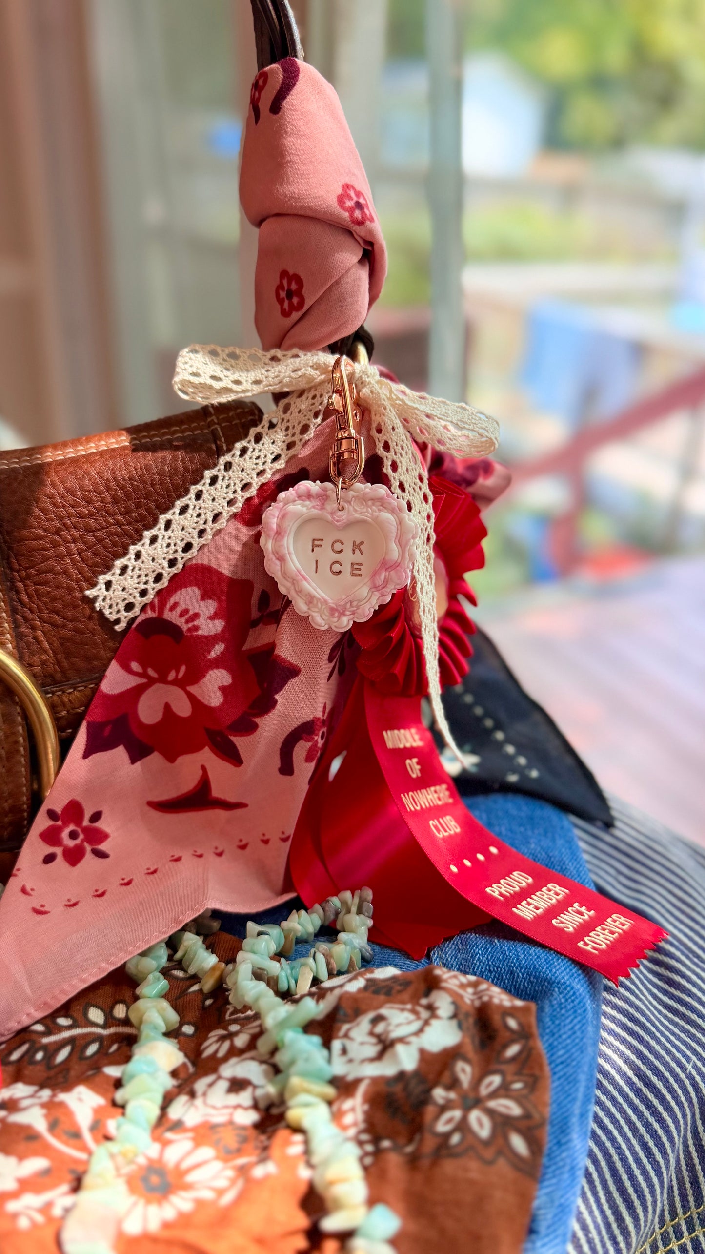 FCK ICE PINK Chinoiserie Heart Keychain in ROSE GOLD- Handmade Polymer Clay Bag Charm- LIMITED EDITION