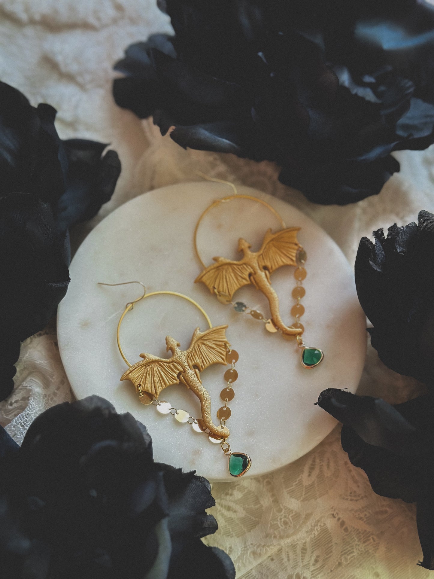 HOTD Syrax Dragon Gold Emerald Crystal Hoop Dangles