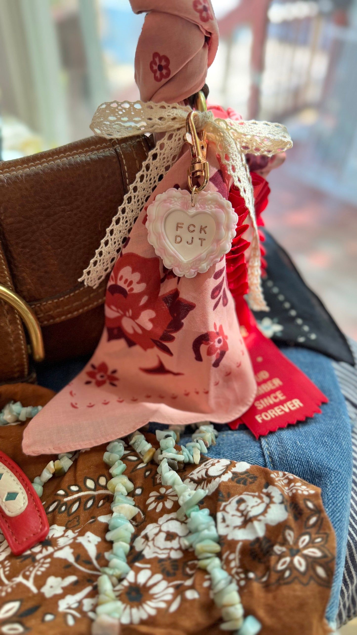 FCK DJT PINK Gingham Heart Keychain in ROSE GOLD- Handmade Polymer Clay Bag Charm