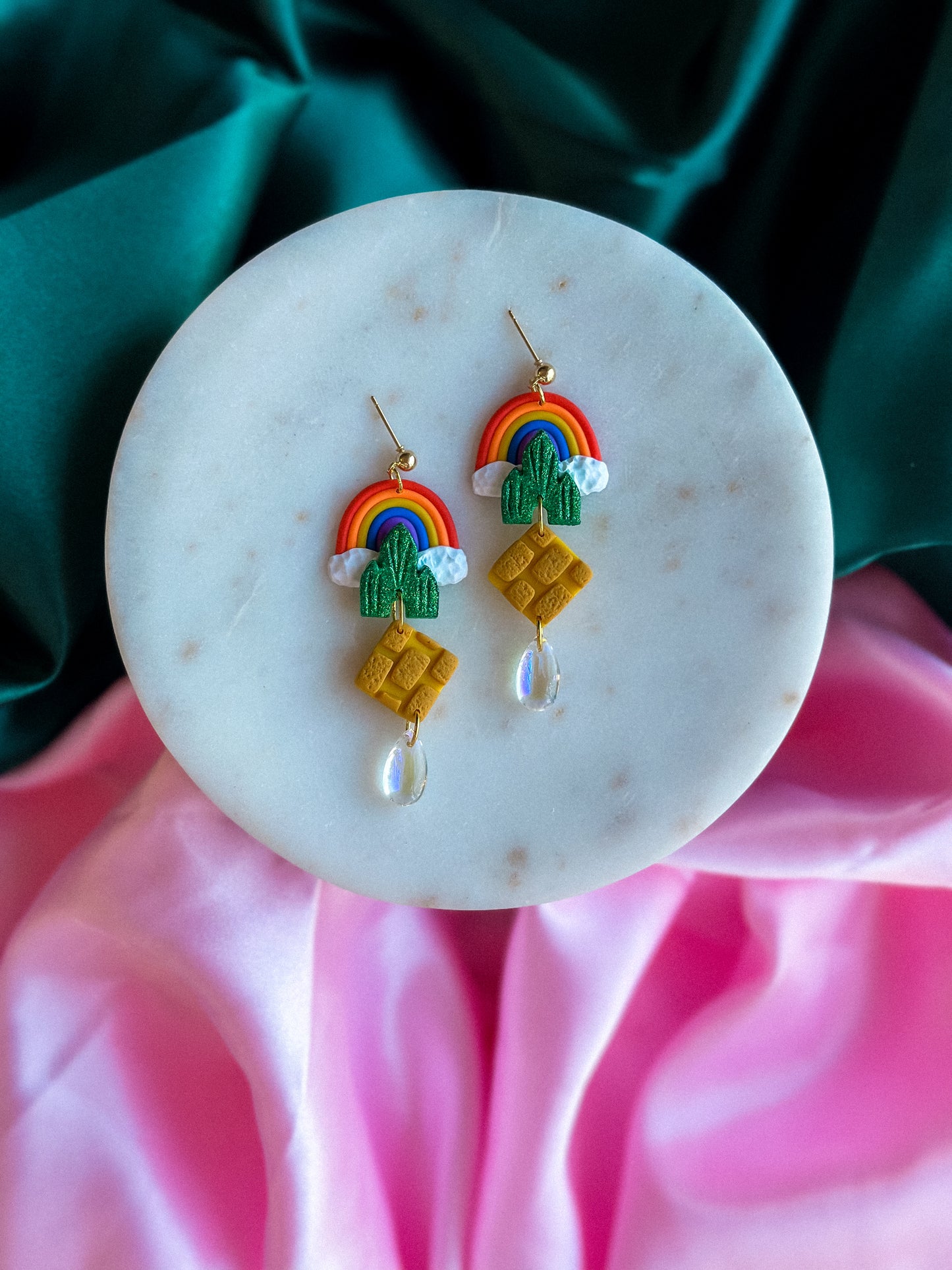 Wizard of Oz earrings yellow brick road handmade polymer clay earrings emerald city earrings