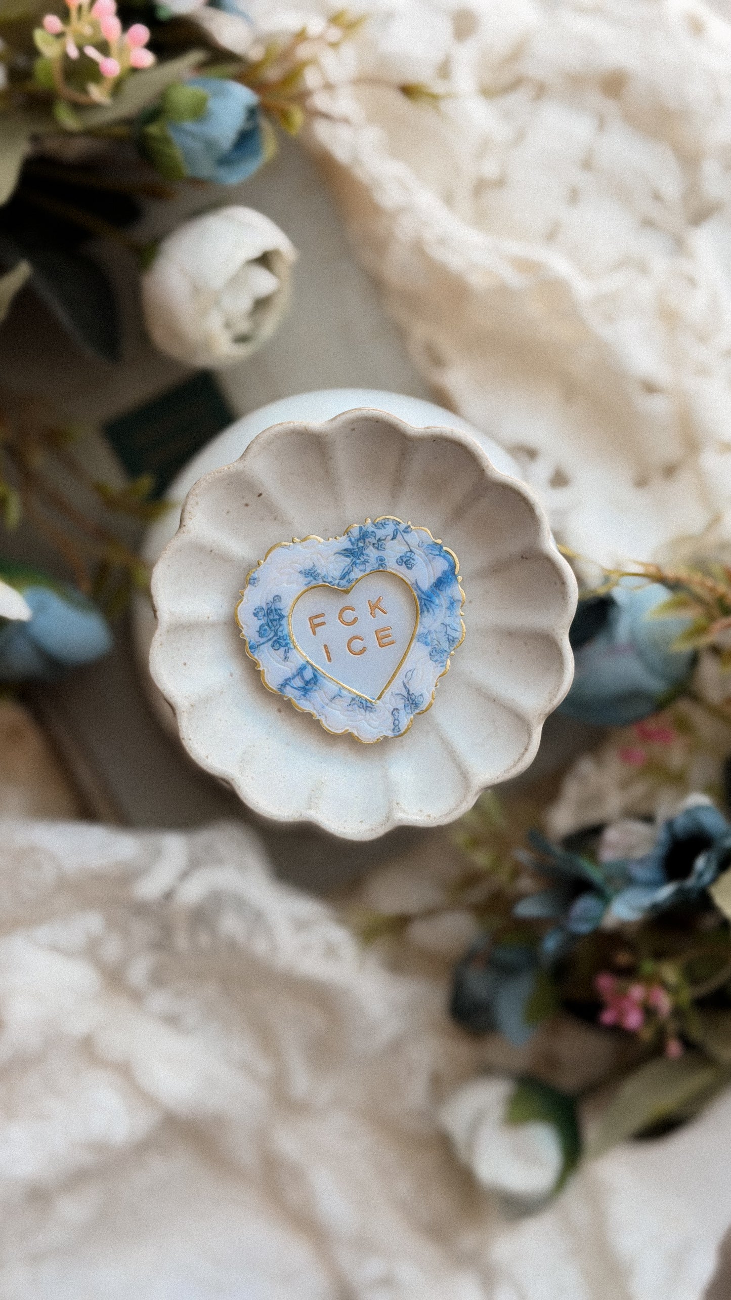 Handmade Chinoiserie FCK ICE Heart Magnet in polymer clay with bold heart artwork and magnetic backing on white background — unique decorative magnet.