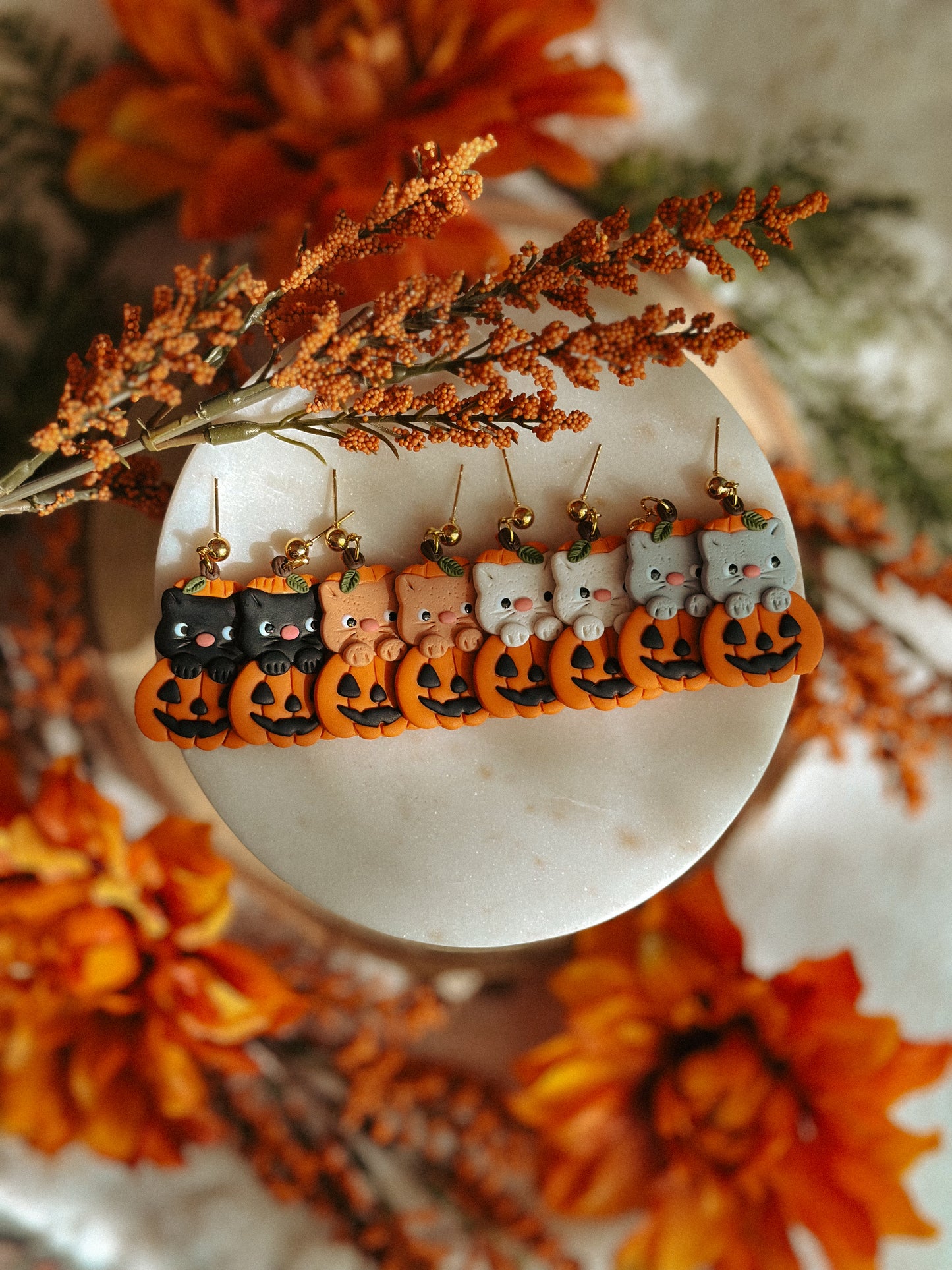 Pumpkin Kitty Drop Dangle polymer clay earrings grey kitty pumpkin design