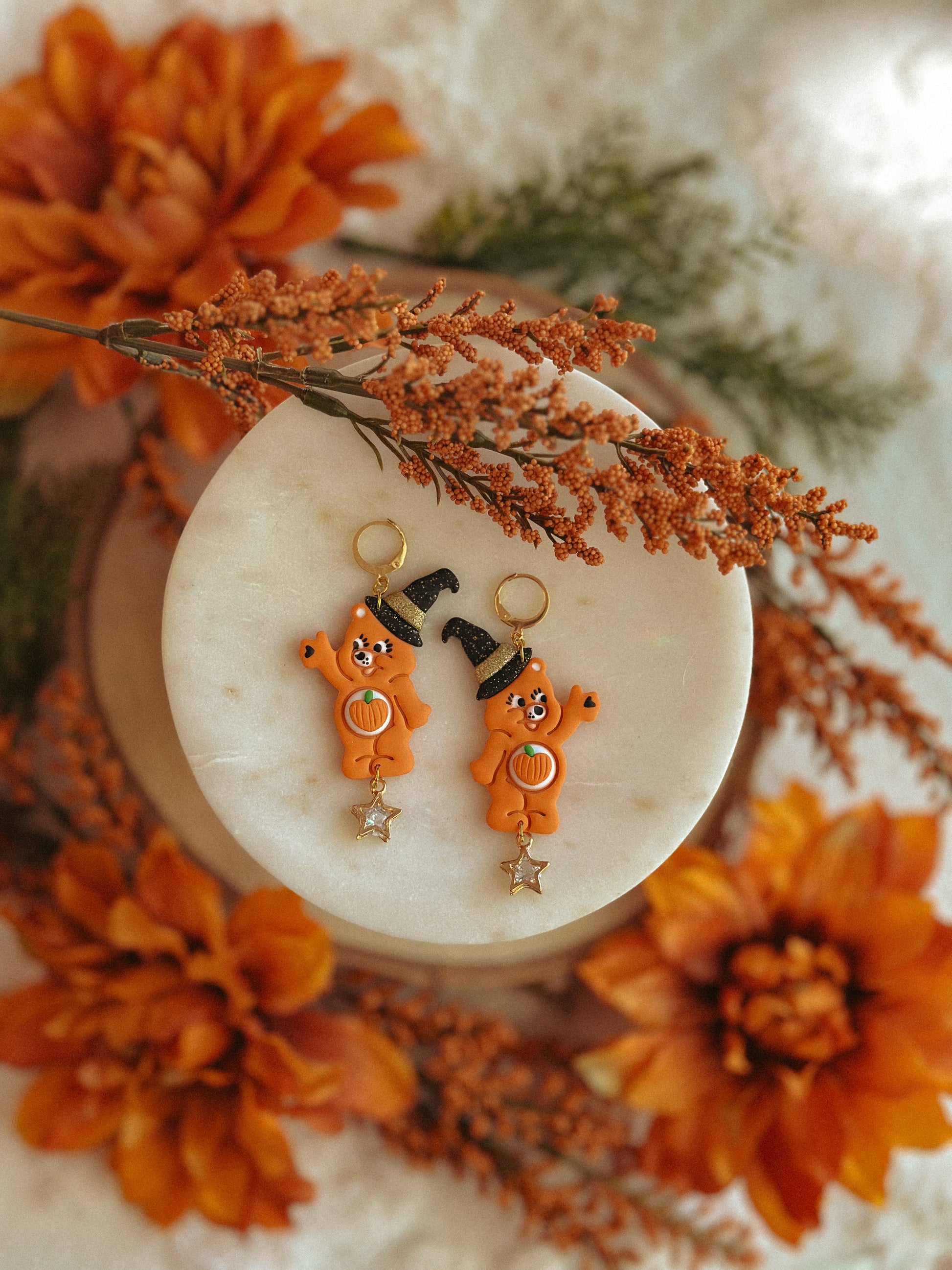 Pumpkin Carebear Drops polymer clay Halloween dangle earrings
